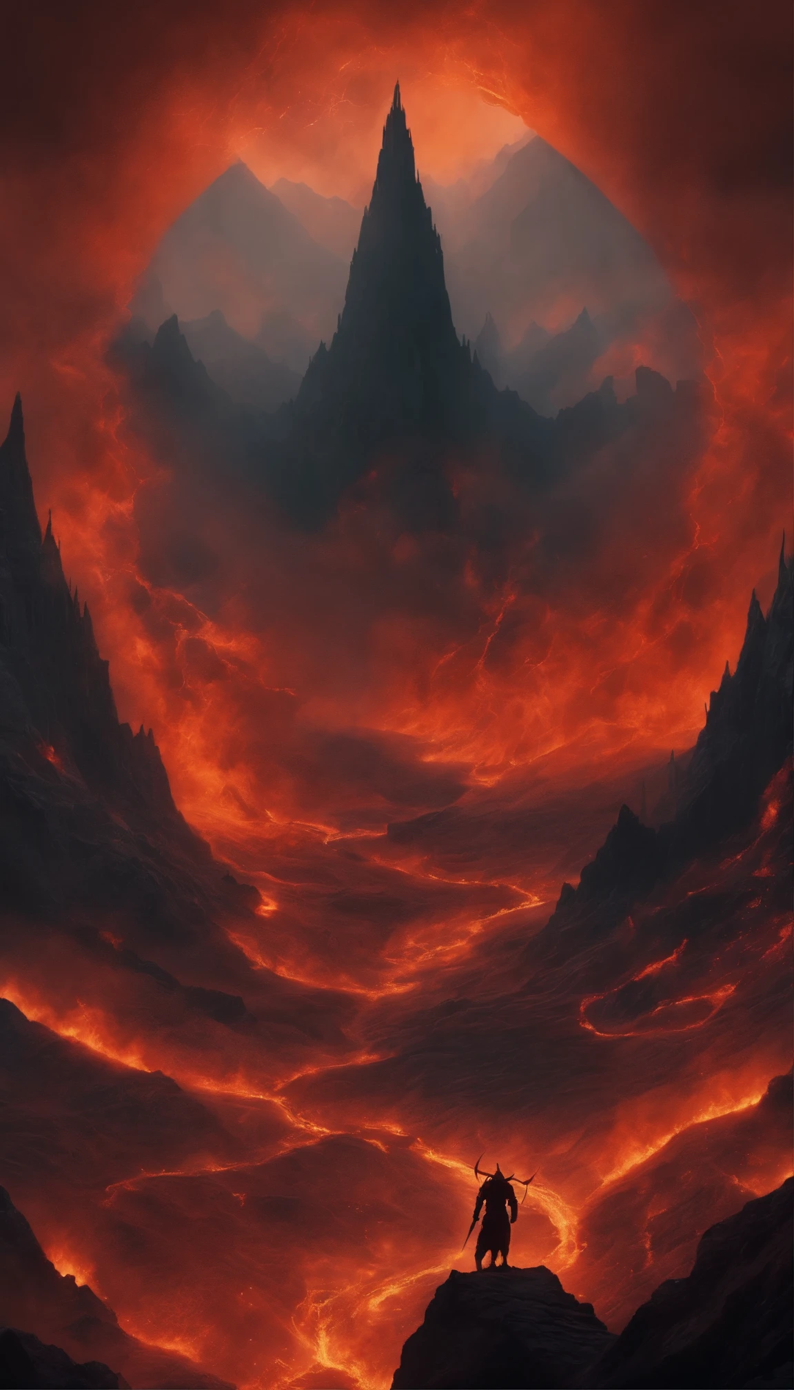 hell, ink style，ink，Smudge, hell from above, view from above, 8K，super-fine, You can see the whole hell, monsters, mountains, scary, diablo.
