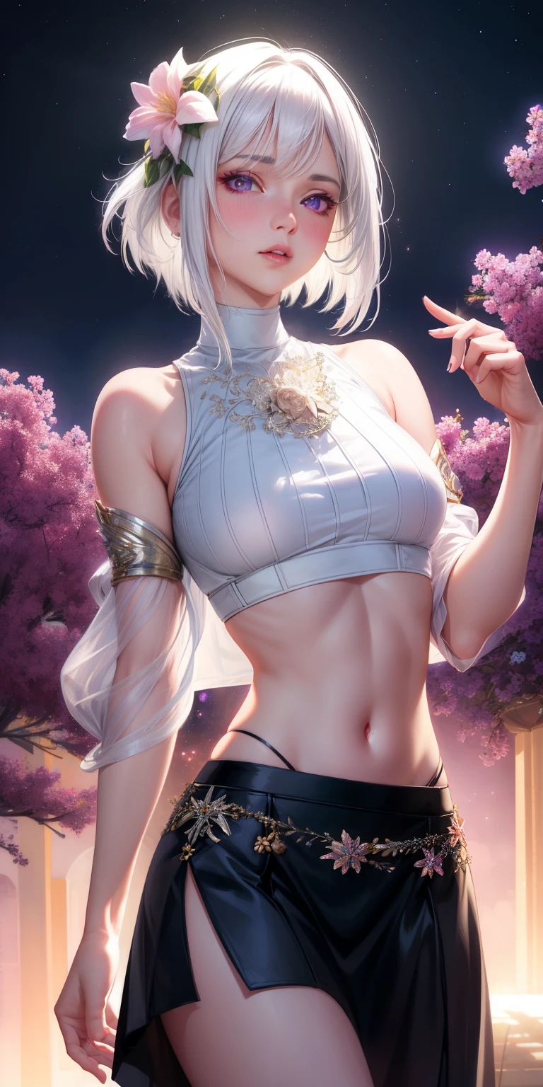 realistic, 1girl, white hair, purple eyes, glowing eyes, crop top, skirt, parted lips, blush, night, flowers, sun, sunlight,