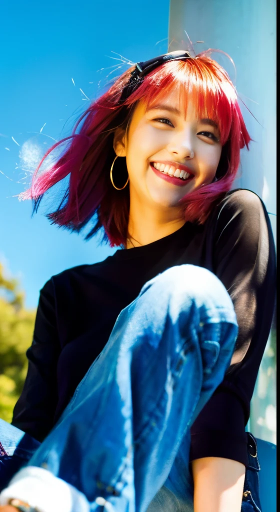beautiful woman, japanese actress, look at us and smile, Upper body, 信じられないほど詳細なface, 信じられないほど詳細なbeautiful目, ,(beautiful),(Feminine characteristics), (18-year-old:1.4), alone, 1 female, (attractive punk girl),face、(laughter:1.5),(facing the front:1.2),(dark clothes), (band t-shirt), (ripped jeans), faceに焦点を当てる, pink hairのミディアムヘア, (pink hair), ear hair, , single blade, (single blade), (side blade) ,table top, high quality, 最high quality, very detailed, Extremely detailed, 4k, bold sexy pose,Digital single-lens reflex camera,(8K quality,table top,最high quality,Ultra high resolution output image,),intricate details,(High-definition raw photos:1.3),(Image mode Ultra HD),squat