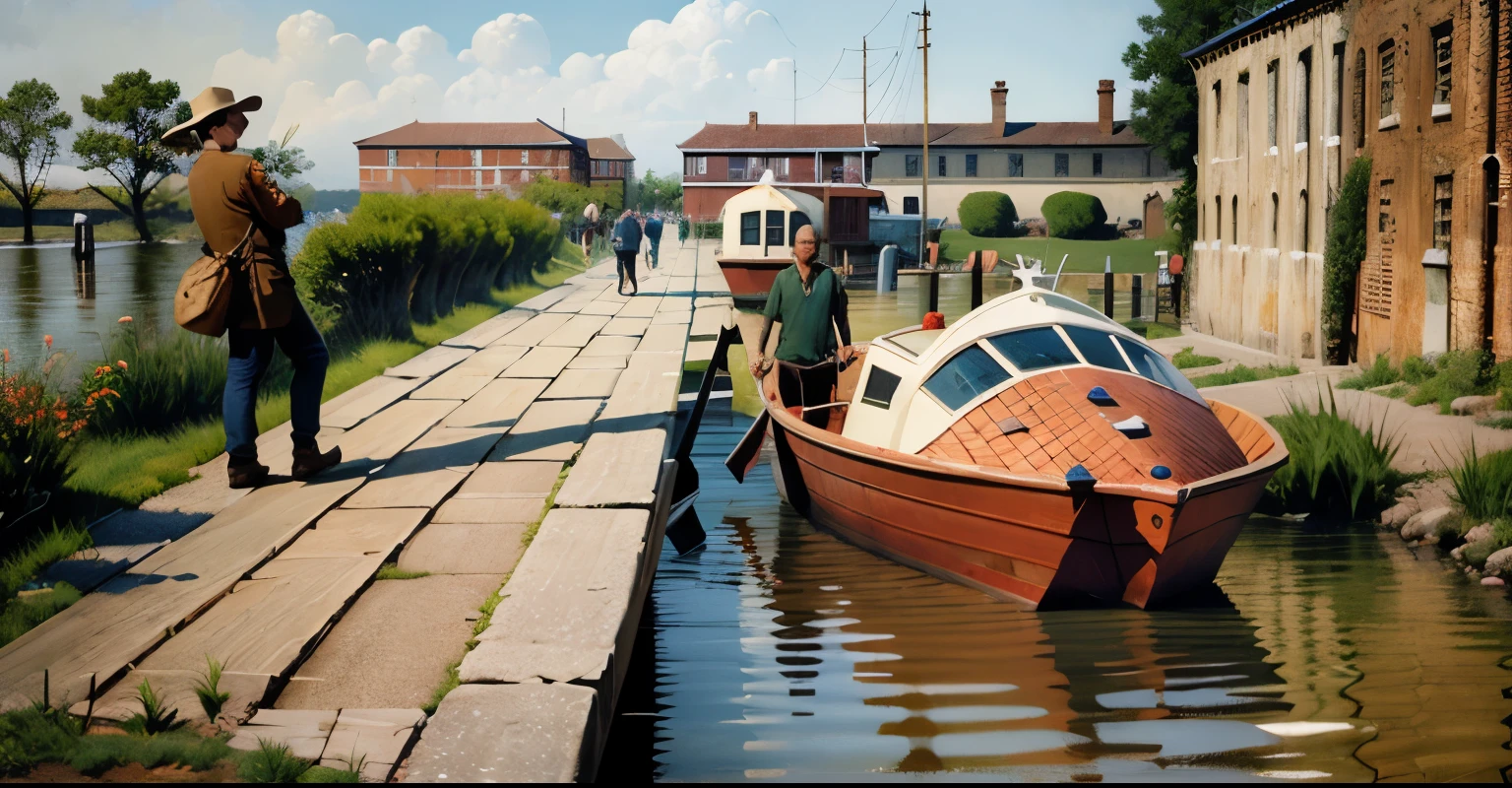 There was a man standing on the dock next to the ship, Beautiful rendering, at the waterside,Crowboat,Ancient buildings in the distance,stone road,Western-style buildings in the distance,Grass and plants on the left,The wooden house on the right,passers-by,pedestrian,oil paint strokes,Extremely sophisticated concept art,lake surface,Sunlight