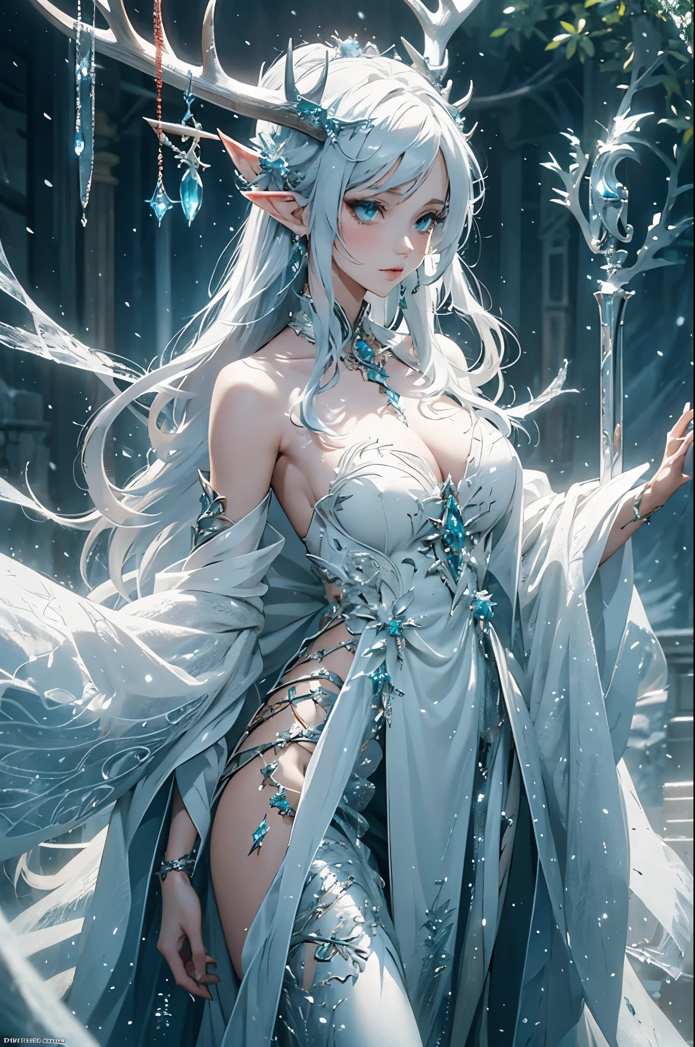 Beautiful alluring female snow elf, Pale Glowing Skin, silver crown with antlers, crown with deer horns, blue Lips, white fur cape, ornate clothes, silver jewellry, Bare Skin, Athletic Well Toned Body, Elegant Form, On An Altar at a snowy forest, Godrays, Gothic Theme, fiarytale theme, Beautiful D&D Character Portrait, Fiverr Dnd Character, Octane Render, Digital Art, Extreme Detail, 4k, Ultra Hd, Polished, Beautiful, Hyperdetailed, Intricate, Elaborate, Meticulous, Photorealistic, Sharp Focus, Wlop, Character Design, Unreal Engine, 3d Rendered, Volumetric Lighting, Reflections, Glossy, Digital Illustration,Sensual Pose, Suggestive Pose, Full Body Shot, Lewd, anatomically correct 💖❤💕💋❣