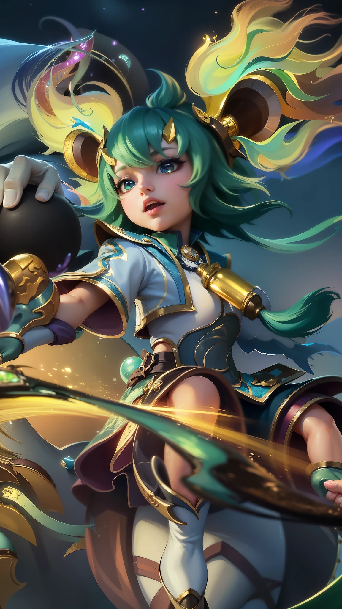 masterpiece, ((perfect eyes)) best quality, (semirealism:1.9), beautiful lighting, (extremely detailed CG unity 4k fhd wallpaper), High Detail, Sharp focus, dramatic outdoors, brown hair, light purpel eyes, smile, anime girl with green hair riding on a horse with a sword, portrait knights of zodiac girl, zenra taliyah, extremely detailed artgerm, artgerm lau, official splash art, qiyana, ! dream artgerm, youthful taliyah, style artgerm, knights of zodiac girl, splash art anime , g liulian art style.