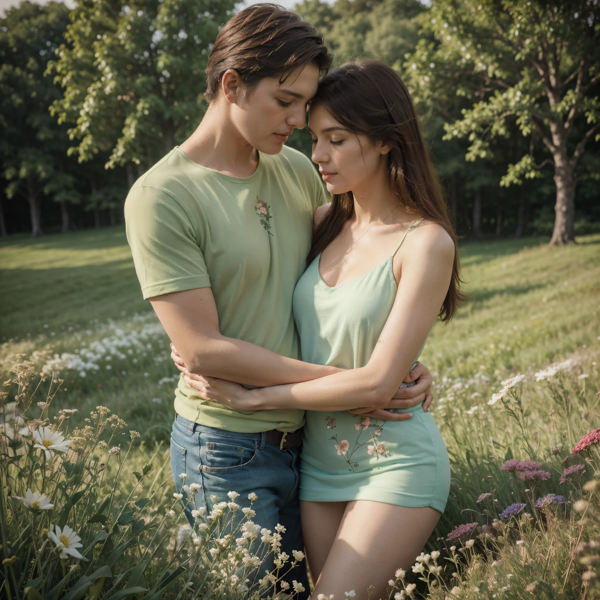 (a couple in love,embrace,green meadow,full of flowers),(oil painting),(detailed grass,vibrant flowers), (best quality,highres),(romantic),(soft and warm color tones),(soft natural lighting)