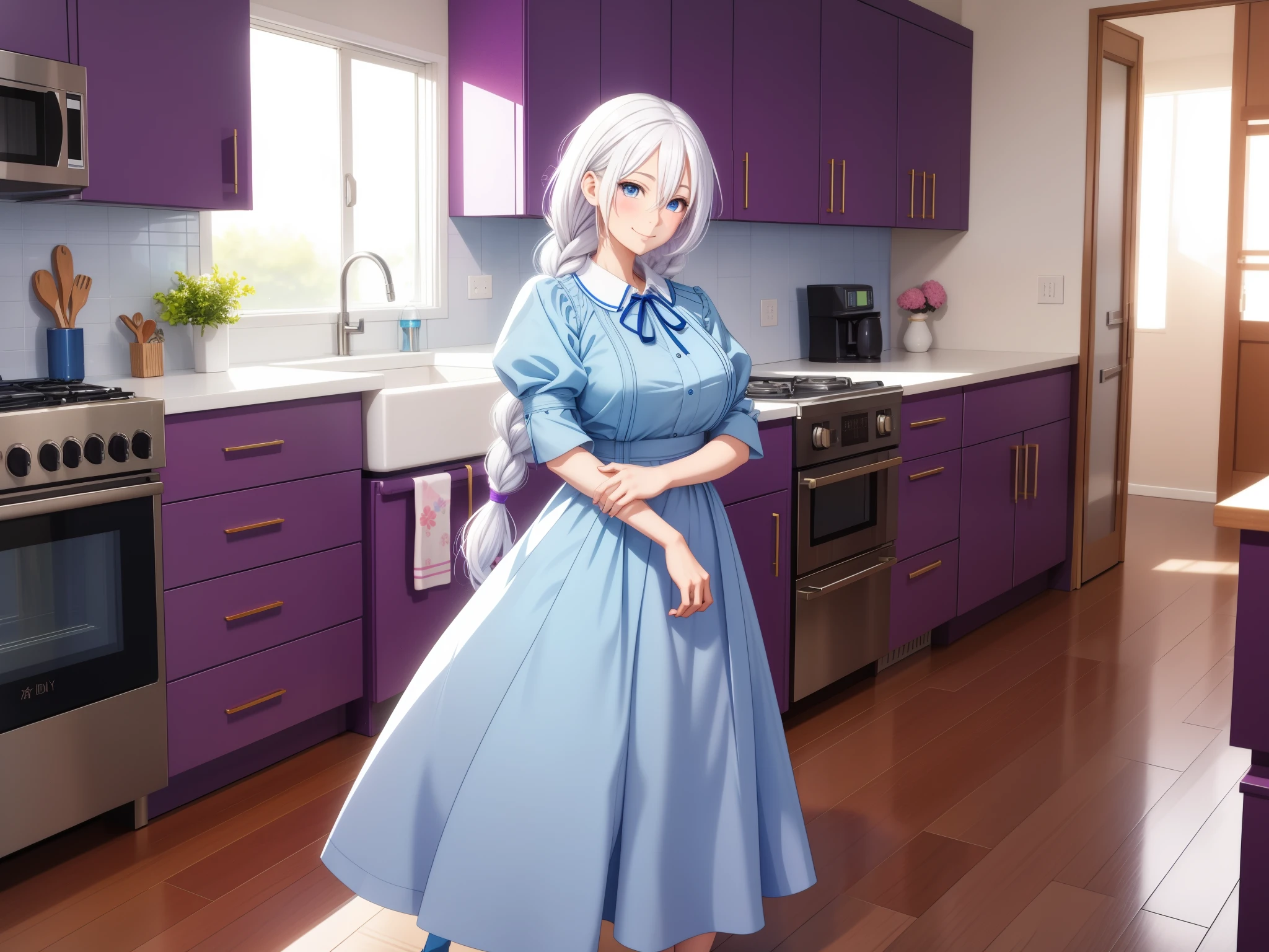 anime style, 1 woman, 35 years old, housewife, calm, smiling, white hair, 1 long braid, blue eyes, violet dress with short puff sleeves, the edge of the skirt reachs just before the ankles, wide hips, very big breasts, shoes, kitchen, house interior, close shot