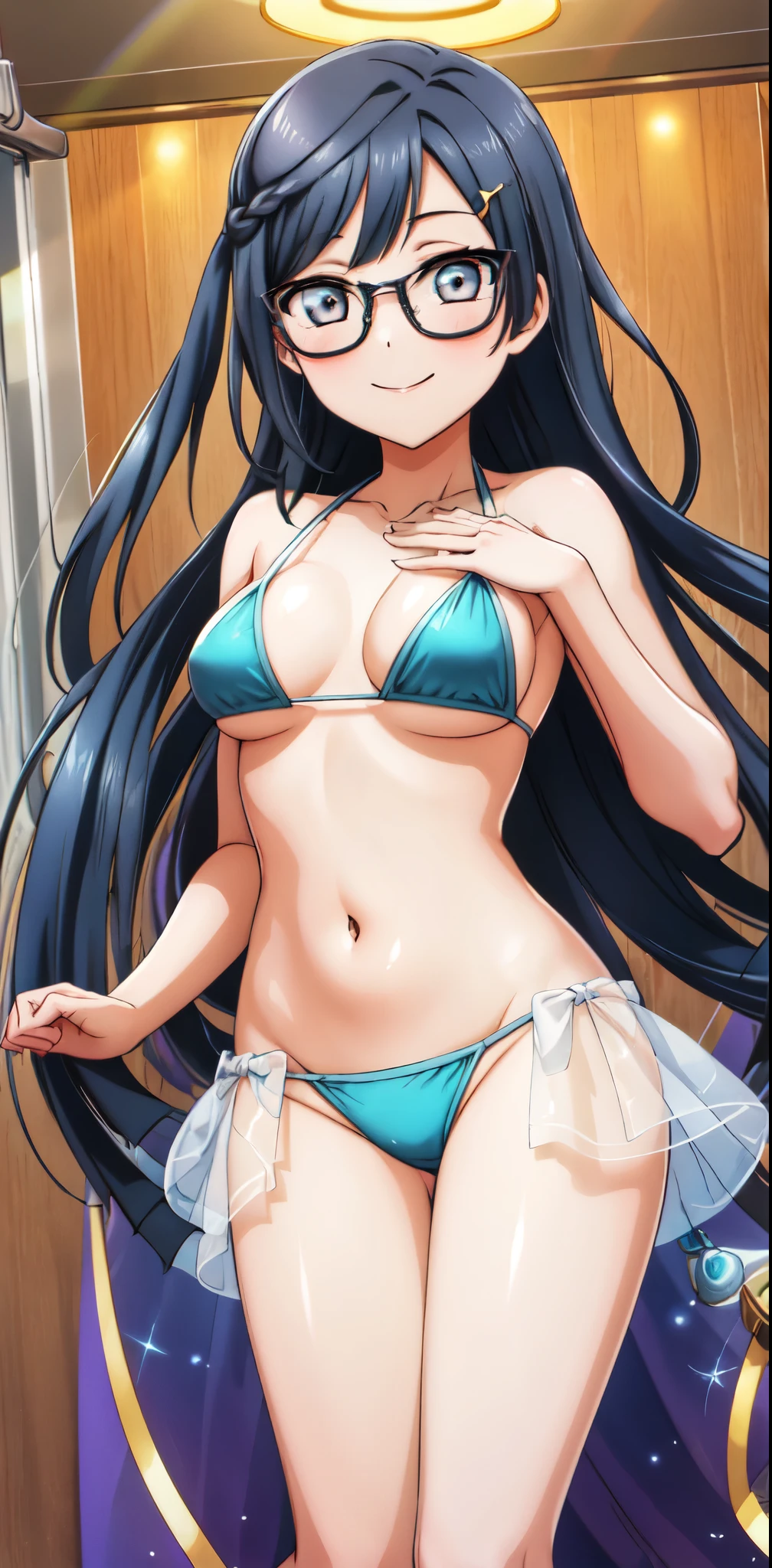 (masterpiece, highest quality, super detailed), (figure), (detailed and beautiful eyes), (1 girl), (alone), metallic micro bikini, looking at the viewer, cowboy shot, smile, better hand, perfect hands, five fingers,spread legs,gold metallic super micro bikini,Mansuji,transparent nipples,oily skin,semen,sex,beautiful eyes,glasses,braided twin tails