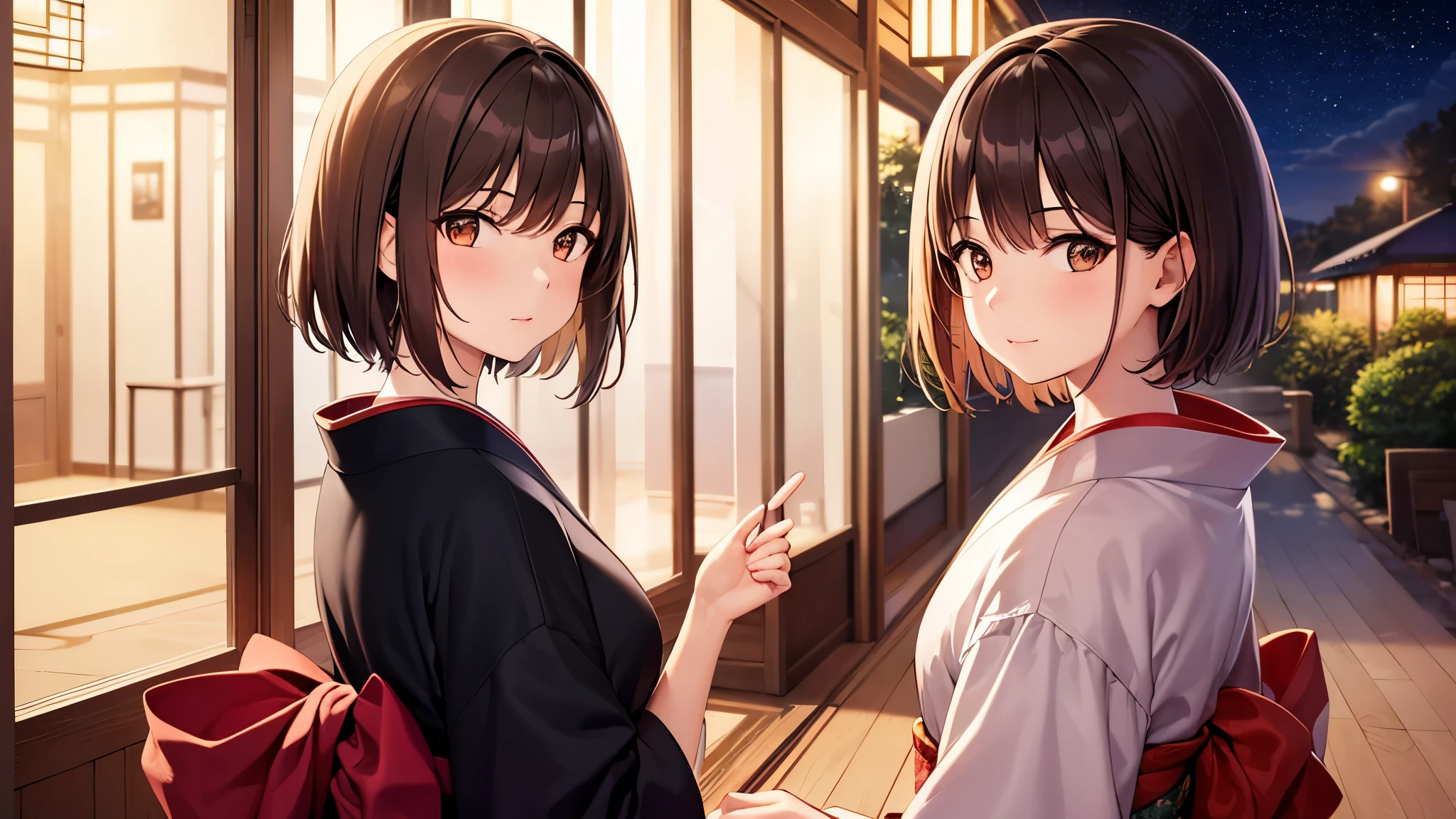 2 girls, best quality, ultra high resolution, short hair, brown hair, brown eyes, colorful kimono, looking at viewer, night, detailed scene, UHD, masterpiece, high detail, high quality, award-winning, 8k