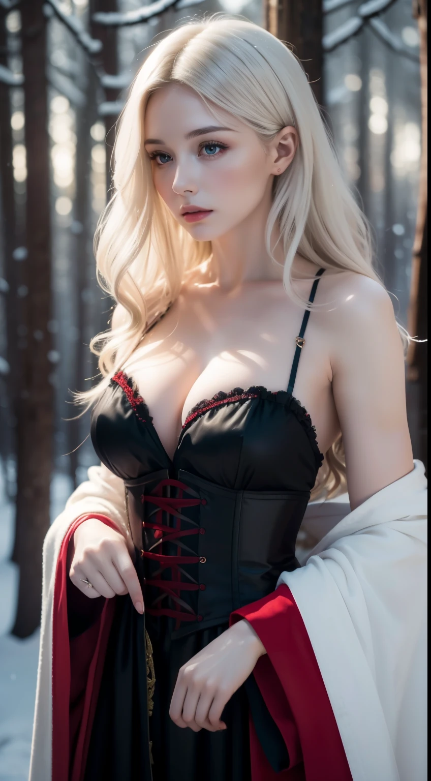 Photorealistic Production, One Person, Realistic Image of a Gorgeous 25 Years Old British Female,nude, Shoulder-level Wavy White Hair, Serious Looking, Pale Skin, Snowy Forest at Night, (Wearing Black and Red Witch Robe with Corsets, along with Ornated Golden Accessories), Centered, Waist-up Shot, From Front Shot, Cinematic Shot and Lighting, Perfect Human Anatomy, Intricate Hand Details, Sharp Focus, Ultra Detailed, Taken with DSLR camera, Depth of Field, Incredibly Realistic Environment and Scene, Master Composition and Cinematography