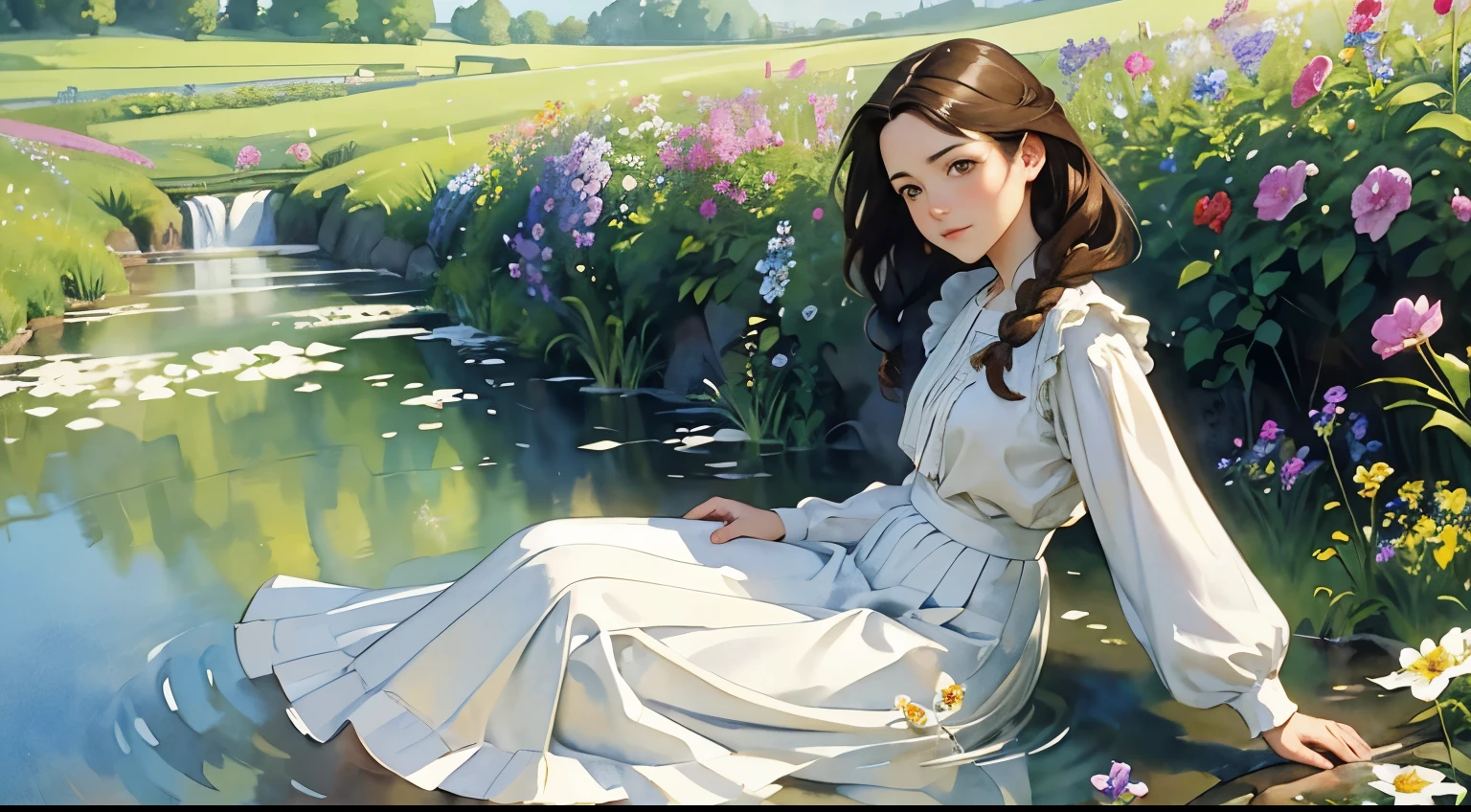 (Sargent style watercolor)、(highest quality、masterpiece)、soft light、view of the cotswolds,old farmhouse、stream、flowers bloom、one woman、dark brown hair、braided hair、White blouse and long skirt、picnic、Picking wildflowers、