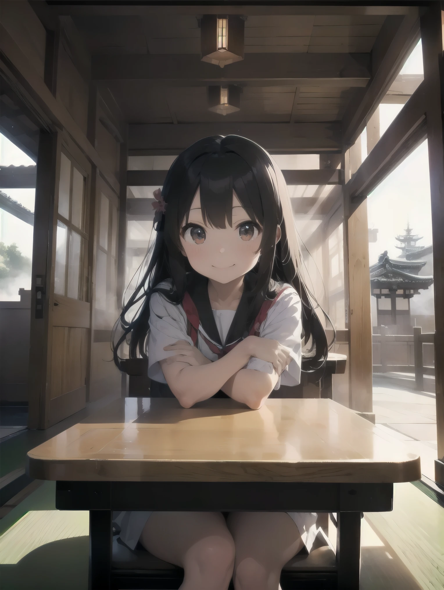 table top, highest quality, High resolution,,(Hashikuji Temple Mayoi),look at me and smile,Different world, of hokkaido、fantastic scenery、dense fog、A group of fine particles that emit fluorescent light、cute