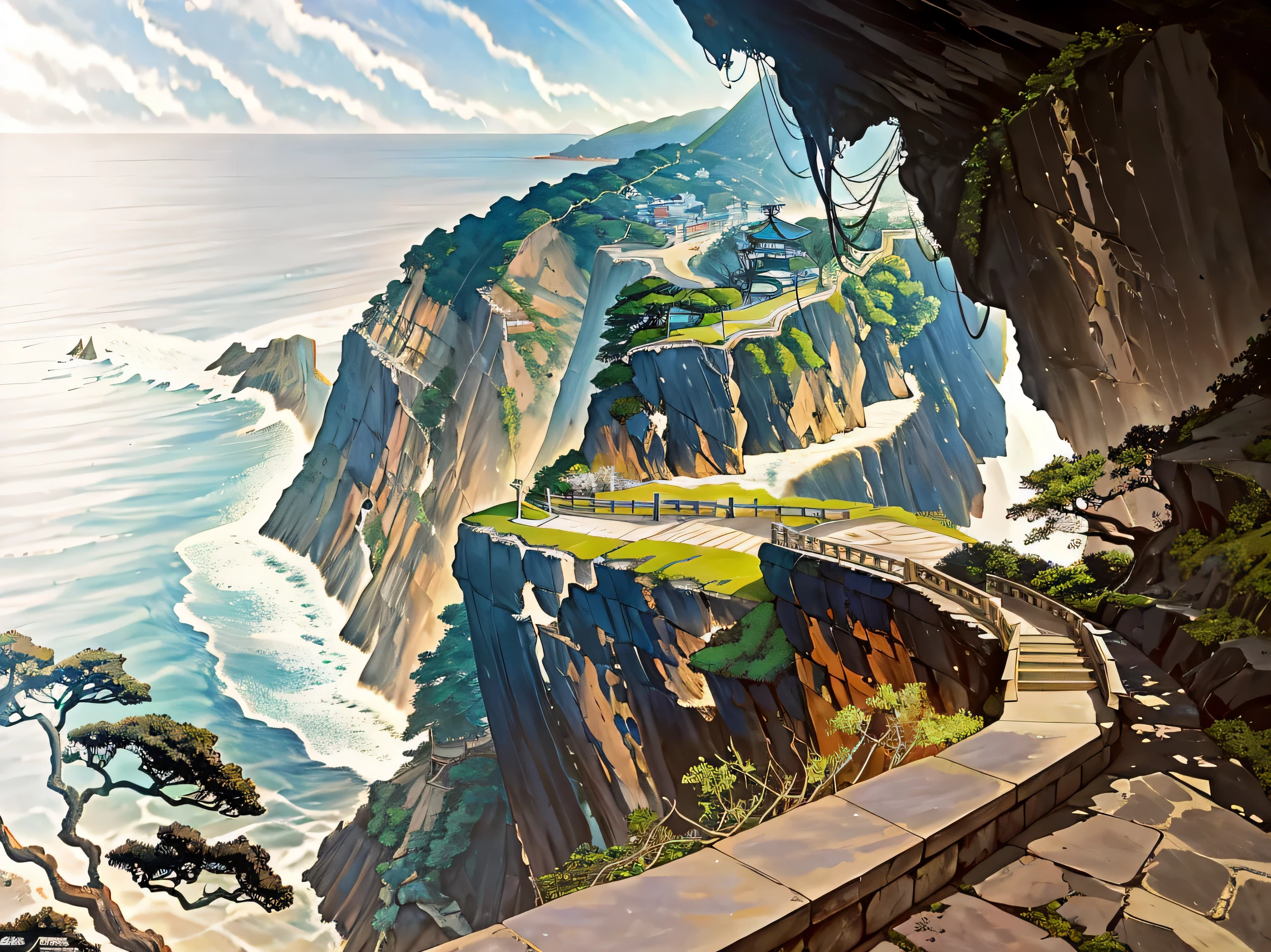 there is a view of a cliff with a house on it, cliff side, Japan Shonan Enoshima, ocean cliff view, trees and cliffs, cliffside, ocean cliff side, sheer cliffs surround the scene, dangerous cliffside, cliff, cliffs, steep cliffs, Kamakura landscapes, rocky cliffs, rocky cliff, sharp cliffs, cliff edge, Ocean view