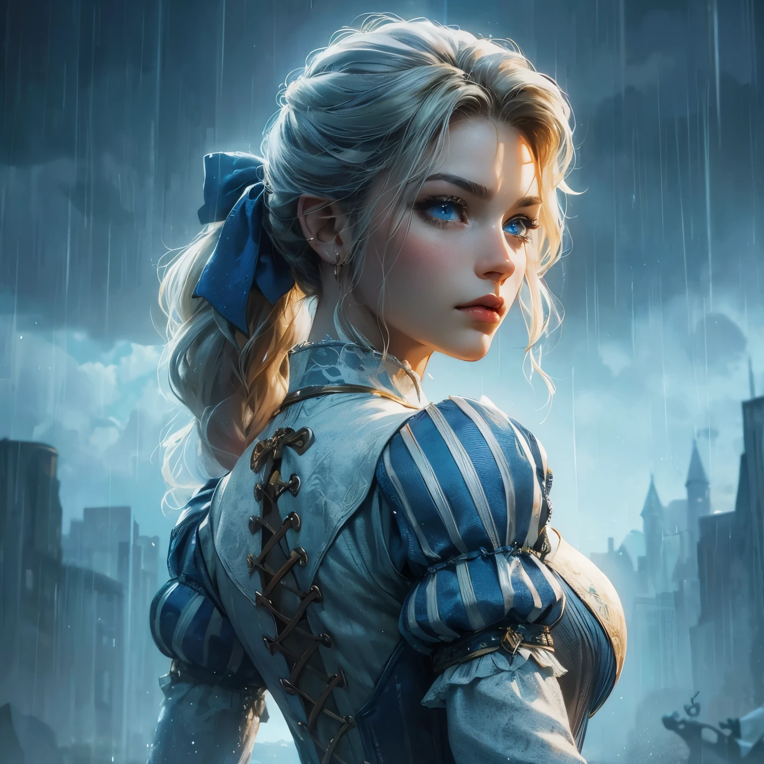 an animated fantasy novel style portrait of a character portrait. Animated. She is 25 years young. She has blonde long hair tied with a blue bow. She is pretty with blue eyes. She is wearing a blue and white medieval feminine fantasy warrior gear. She is noble, beautiful and has a angry face. Water powers. Back to camera, looking back pose. Rainy dystopian background. Dark tragic theme. Serious. Waist length picture.