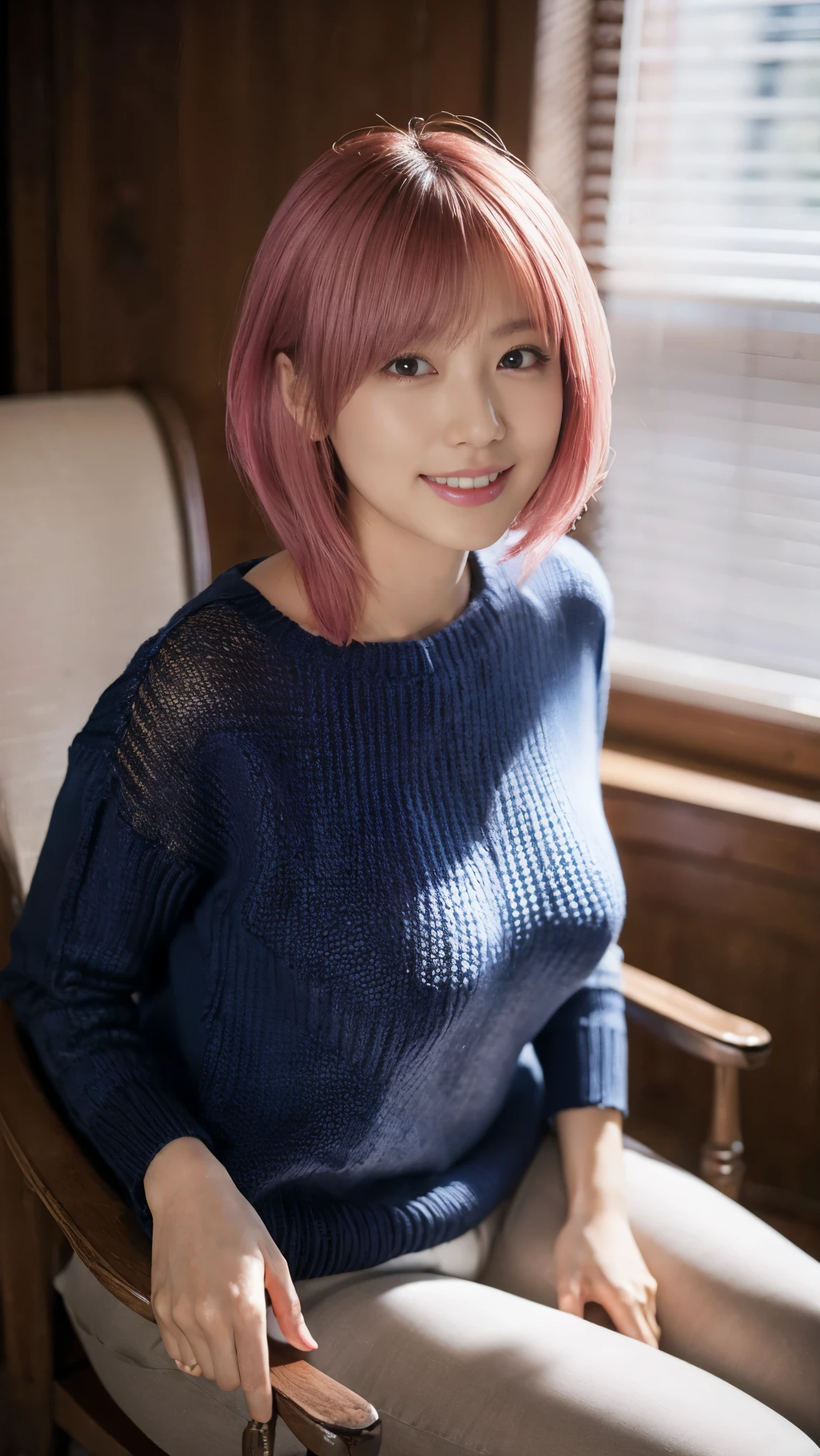 (8k、 highest quality、 masterpiece、 realistic、 Super detailed:1.3)、(Photoreal:1.2)、((long knit sweater))、((beautiful japanese woman))、one woman、big breasts、smart body、laughter、highly detailed face、detailed eye、(sitting in a chair), pink hairのミディアムヘア, (pink hair), ear hair, , single blade, (single blade), (side blade), bold sexy pose, Provocative