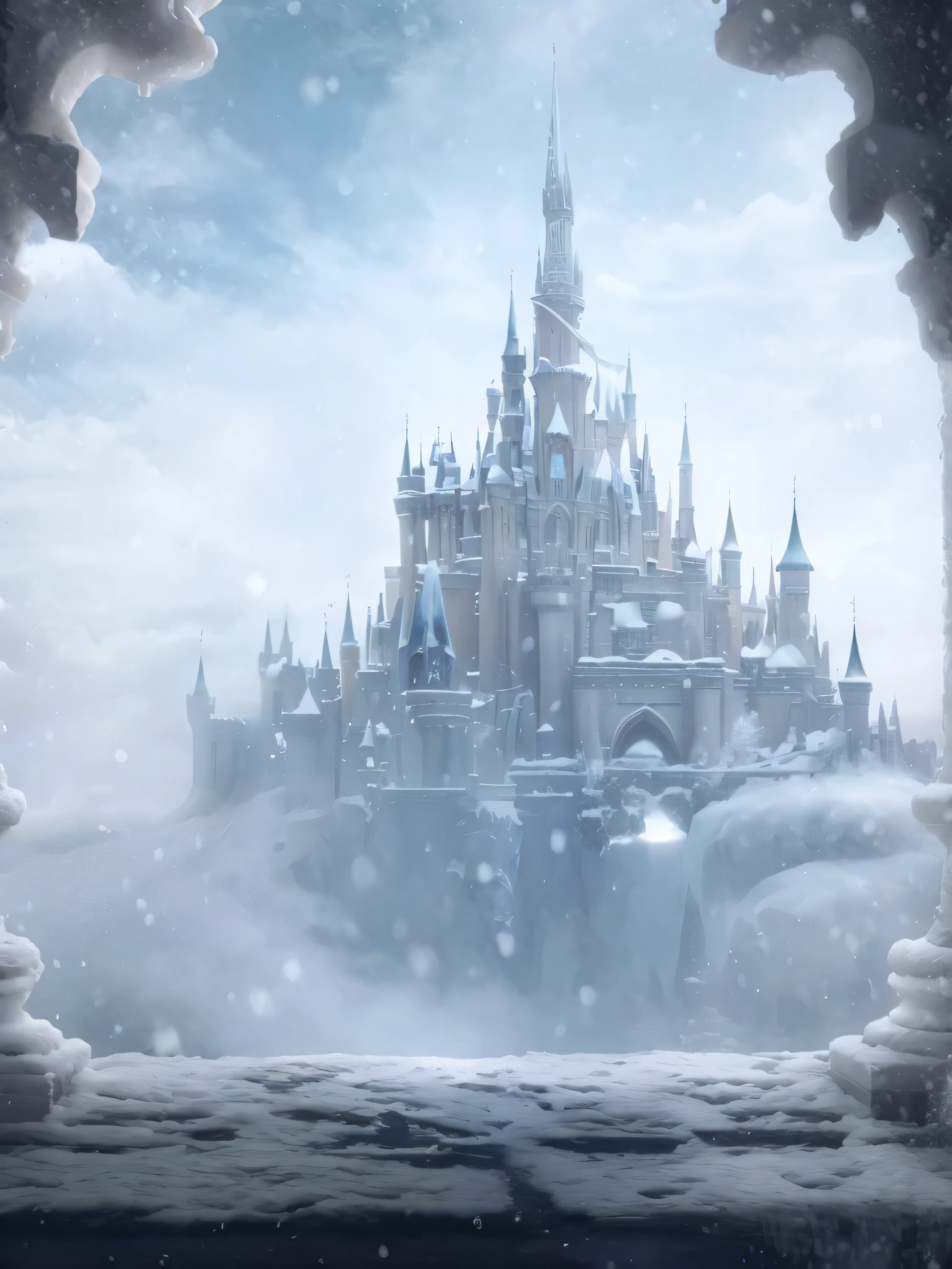 Disney Castle in the Snow,window open, castle background, Fairy tale style background, Background of the Kingdom of Light, Feiyun Castle, Fantasy castle, Fantasy style matte, Beautiful fairy tale rendering, Castle made of clouds, high Fantasy castle, magic castle, Epic castle with towering spiers, background artwork, cloud castle, Disneyland Castle in the background, Exquisite matte painting