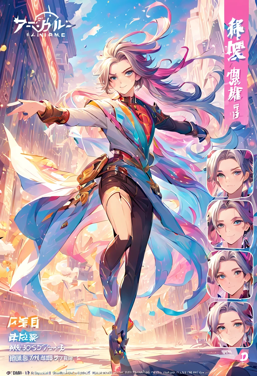 (best quality,highres:1.2),detailed character design sheet,official artwork,[handsome boy],colorful illustration,sharp focus,fantasy style,vibrant colors,soft lighting,expressive eyes,dynamic pose,captivating smile,long hair,stylish clothes,playful expression,unique hairstyle,confident attitude,attention to detail,attention-grabbing artwork,popular character design,professional artwork,highly detailed face,eye-catching artwork,popular art style,appealing visual style,attention to facial features,emotionally expressive,artistic composition,appealing character design,eye-catching colors,artistic charm.