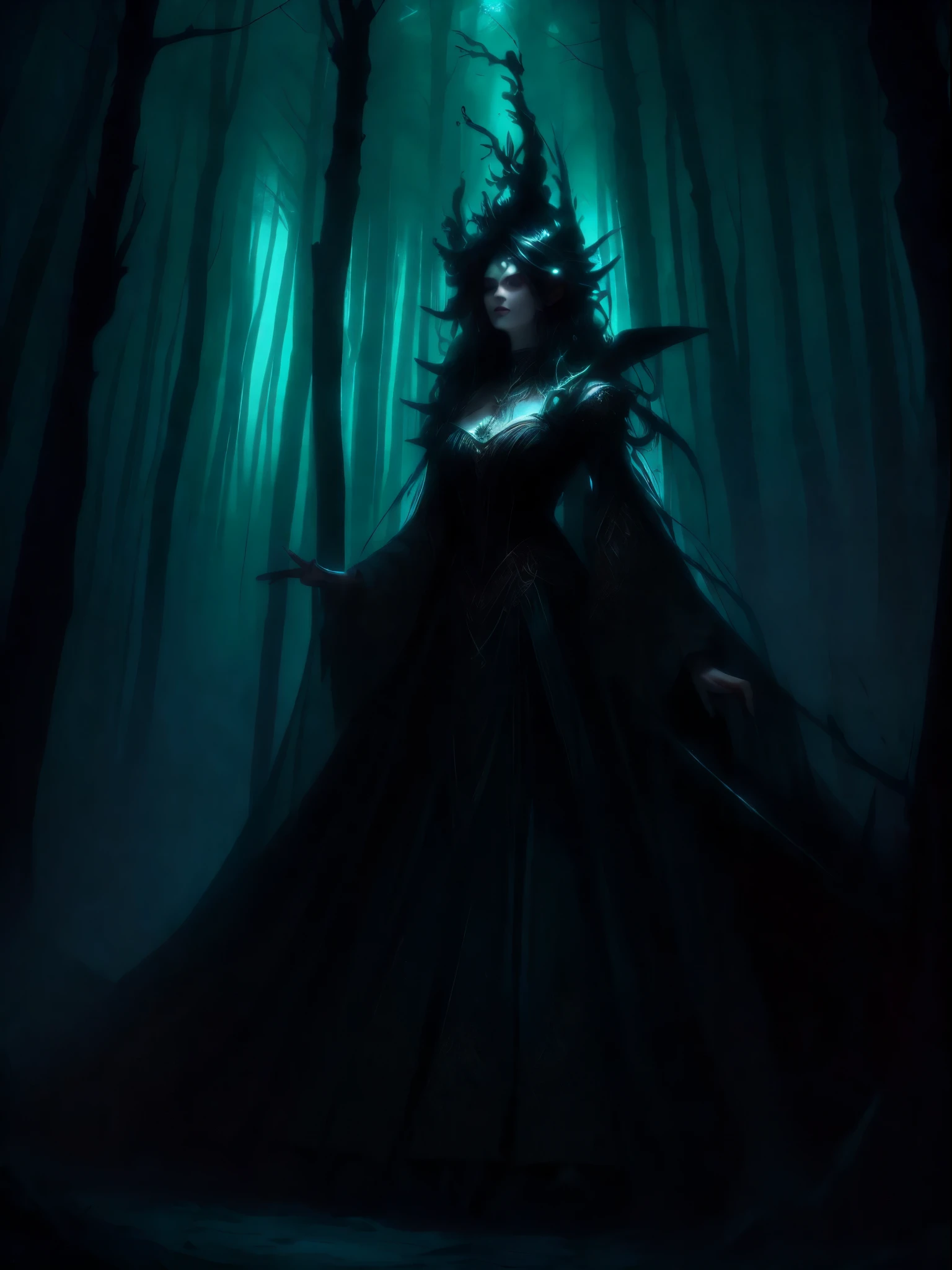 HighestQuali,tmasterpiece:1.2,Detailed details,Full body image of a beautiful forest witch in a decorative dress, Witch fashion, dynamicposes, fairy lights, Hyperrealistic, hyper-maximalist, insanely details, 4K