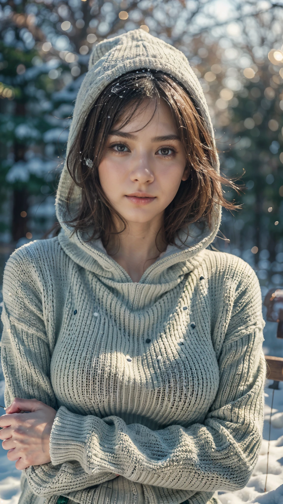 Photorealistic, (close up:1.2), low angle, (seen from below:1.1), a japanese young girls with hood, (long sleeve sweater:1.2, bottomless), a hyperrealistic beautiful young girls with natural sagging breast, high detailed official artwork, beautiful girls with slim fit body and busty posture, attractive young girls (seductive poses:1.3, crossed arm hold on the breast), at bench in the natural forest with (snow:1.2), natural background, dubnitskiy david fanart, realistic portrait, smooth photorealistic, perfect visual of a cute girls, cute girls with skinice soft face, look at viewers, makoto shinkai and artgerm, photon mapping, natural light, greeney tones, vivid colors, playful ambient, foggy atmosphere