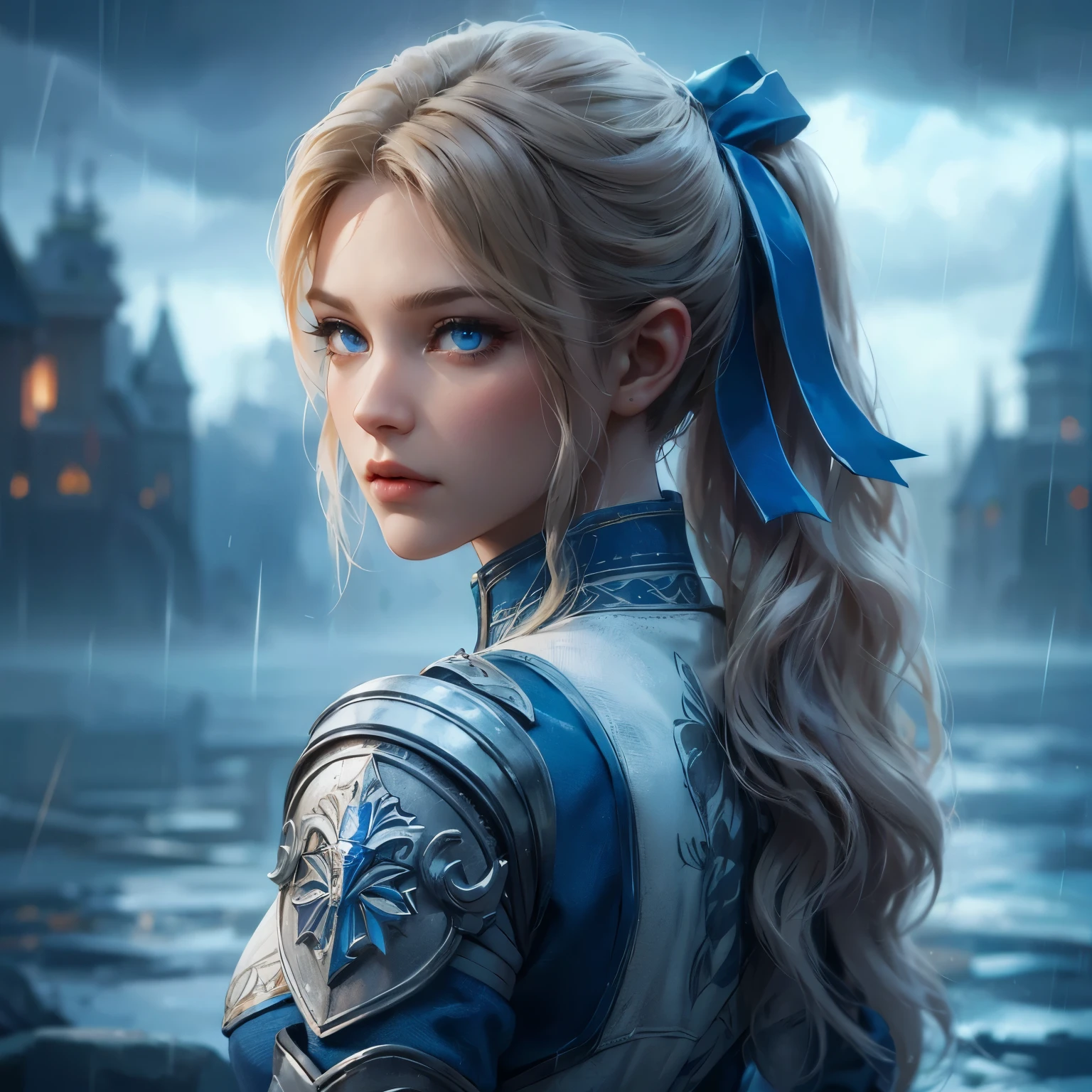 an animated fantasy novel style portrait of a character portrait. Animated. She is 25 years young. She has blonde long hair tied with a blue bow. She is pretty with blue eyes. She is wearing a blue and white medieval feminine fantasy warrior gear. She is noble, beautiful and has a angry face. Water powers. Back to camera, looking back pose. Rainy dystopian background. Dark tragic theme. Serious. Waist length picture.