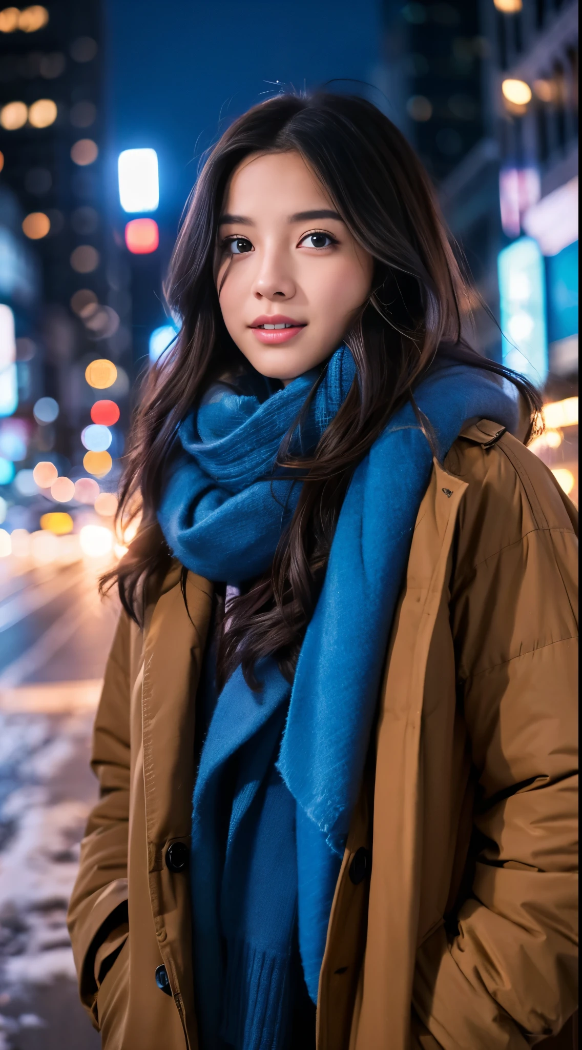 Masterpiece photo super realistic, surreal, hyper details, 12k, 8k, 4k, In the busy streets of New York, shining enchanting woman, sapphire eyes sit on the sidewalk. her eyes、Shining like city lights reflecting off a blanket of fresh snow, A deep blue hue that captures the essence of a winter night.. wrapped in layers of warm clothes, She exudes a sense of resilience and determination, Her presence illuminates the lively streets.