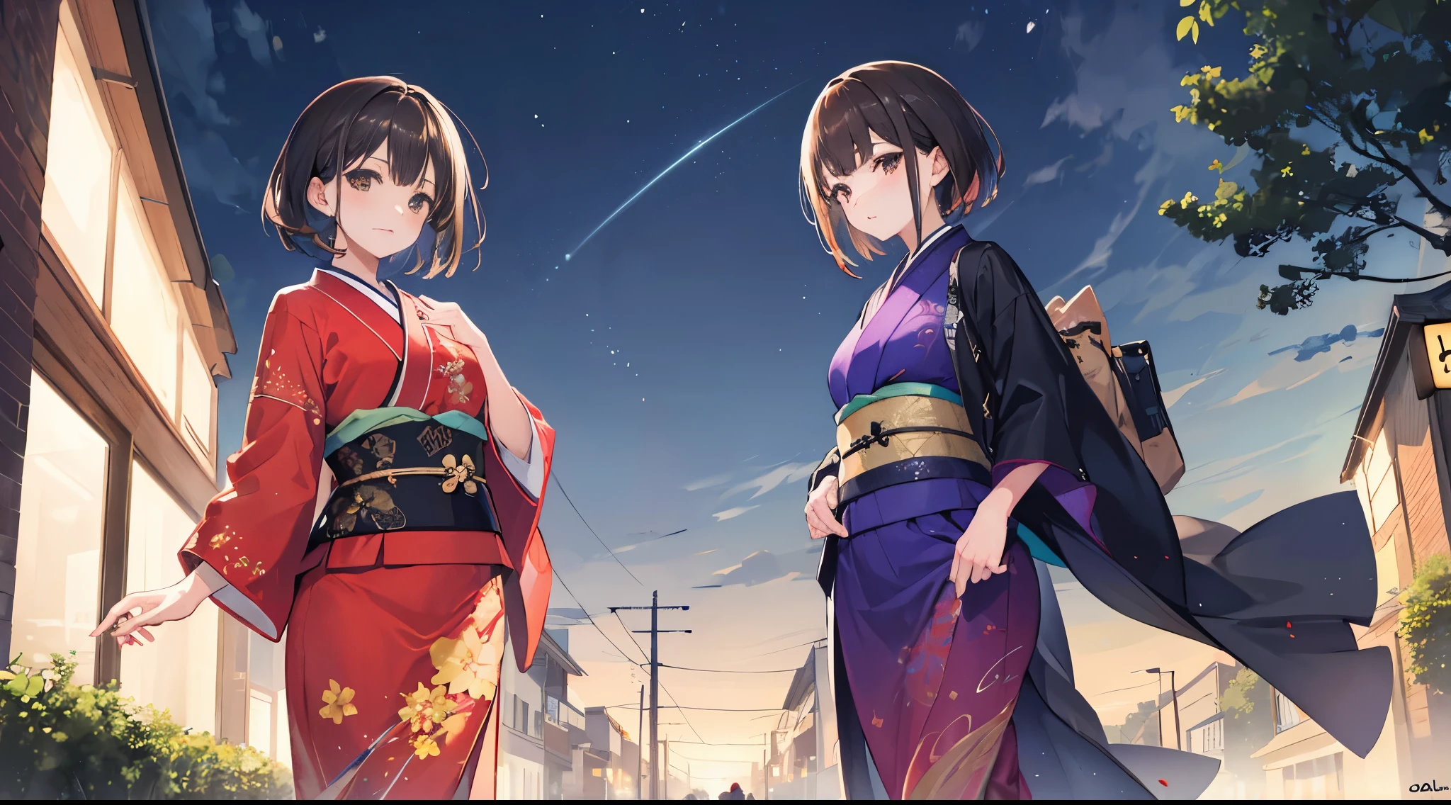 2 girls, best quality, ultra high resolution, short hair, brown hair, brown eyes, colorful kimono, looking at viewer, night, detailed scene, UHD, masterpiece, high detail, high quality, award-winning, 8k