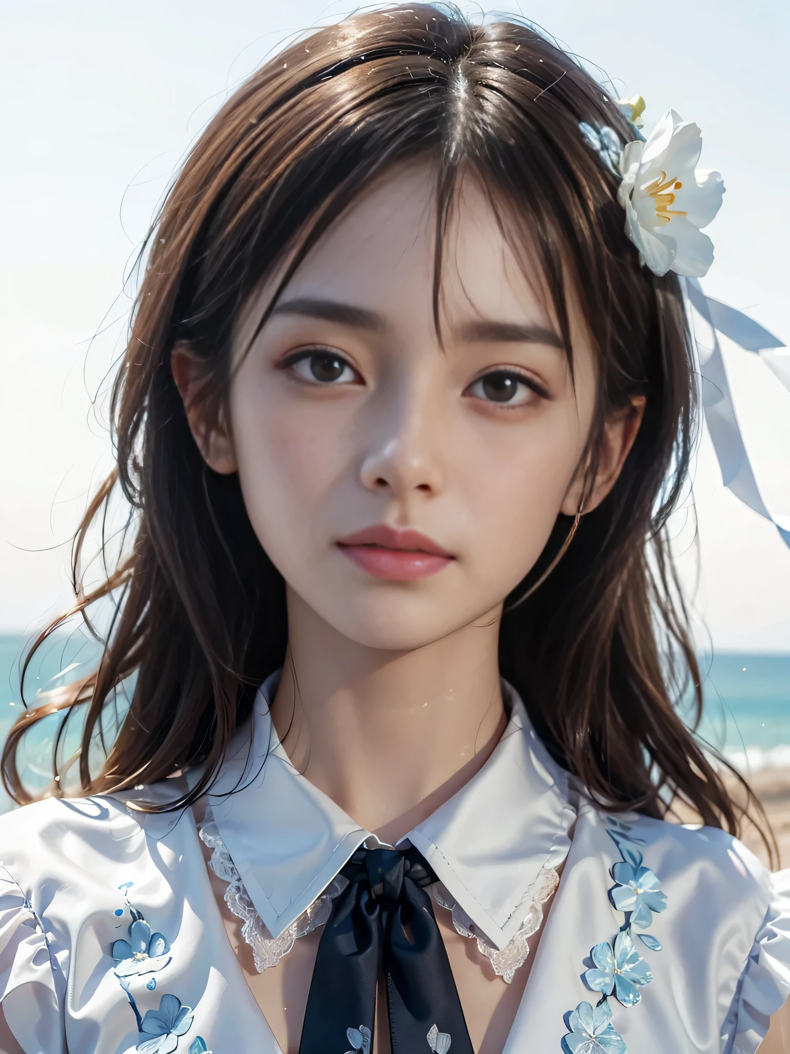 dressed, (photorealistic: 1.4), (hyperrealistic: 1.4), (realistic: 1.3), (smooth lighting: 1.05), (cinematic lighting quality improvement: 0.9), 32K, 1 girl, japanese woman, realistic lighting, with backlight, face light, ray tracing, (bright light: 1.2), (quality improvement: 1.4), ( Highest quality realistic textured skin: 1.4), fine fine eyes, detailed face, fine eyes, brown ioist, damp light and reflected light, pink lips), (tired, sleepy and satisfied: 0.0), White silk blouse with blue floral pattern with ruffles and lace, ribbon tied with thin string, dark brown hair, Cut the bangs short at the forehead, Small ribbons in the hair, small flower headband, One adult woman with a faint smile (isolated on white background)