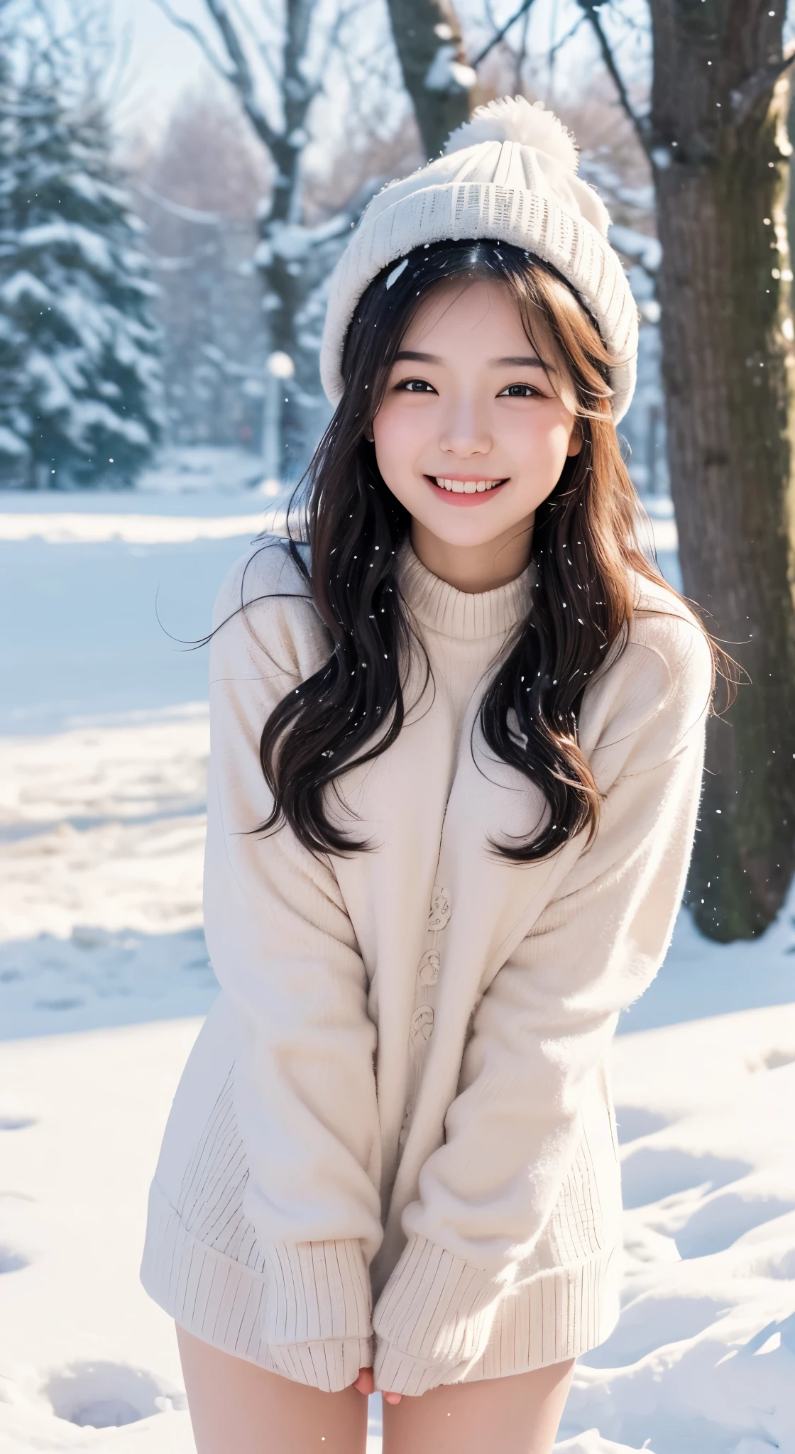 (Photographed by my boyfriend)、((No clothes))、((full nude))、(It&#39;s cold)、I&#39;m so embarrassed、order an embarrassing pose、((front view))、(highest quality、masterpiece)、NSFW、Stylish nudity、blush、Life、8k、ribbon hair ornament、looking at the viewer、wavy hair、laughter、open your mouth and smile、smile、Good atmosphere on site、with a 17 year old girl, snow scene, winter wonderland, cute and innocent look, rosy cheeks, sparkling eyes, woolen hat、Pose with movement、footsteps in the snow, falling snowflakes, frosty tree, snow ground, soft snow texture, gentle and delicate lighting, pastel color palette, dreamy atmosphere, quirky and magical, 高解像度のmasterpiece:1.2, Super detailed, realistic:1.37, bright colors, Bokeh、無邪気なsmile、hair blowing in the wind、close up of face、Smiling、