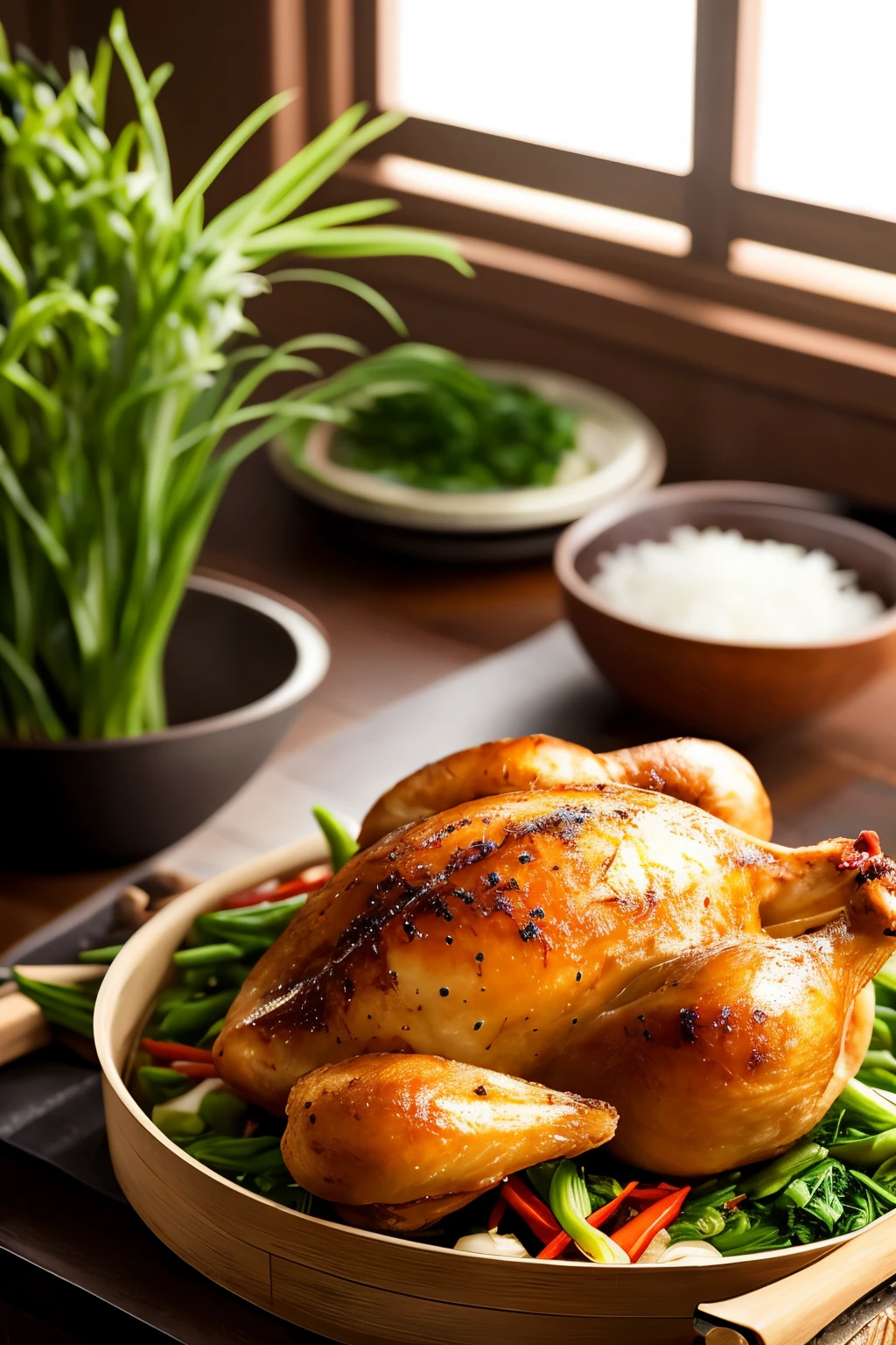 A roast chicken nestled comfortably in a bamboo steamer drawer, its golden brown skin glistening with beads of sweat. The steamer, held tightly by calloused hands, exuded an aura of tradition and warmth. Surrounding the chicken were aromatics of star anise and garlic, their fragrance intermingling with the savory scent of the bird. The scene unfolded in the style of traditional Vietnamese cuisine, with the old wooden window casting a warm light from the left. This intricately layered composition came alive through the art of tabletop photography, meticulously captured as a photo-realistic still life. The result was an Ultra High Definition