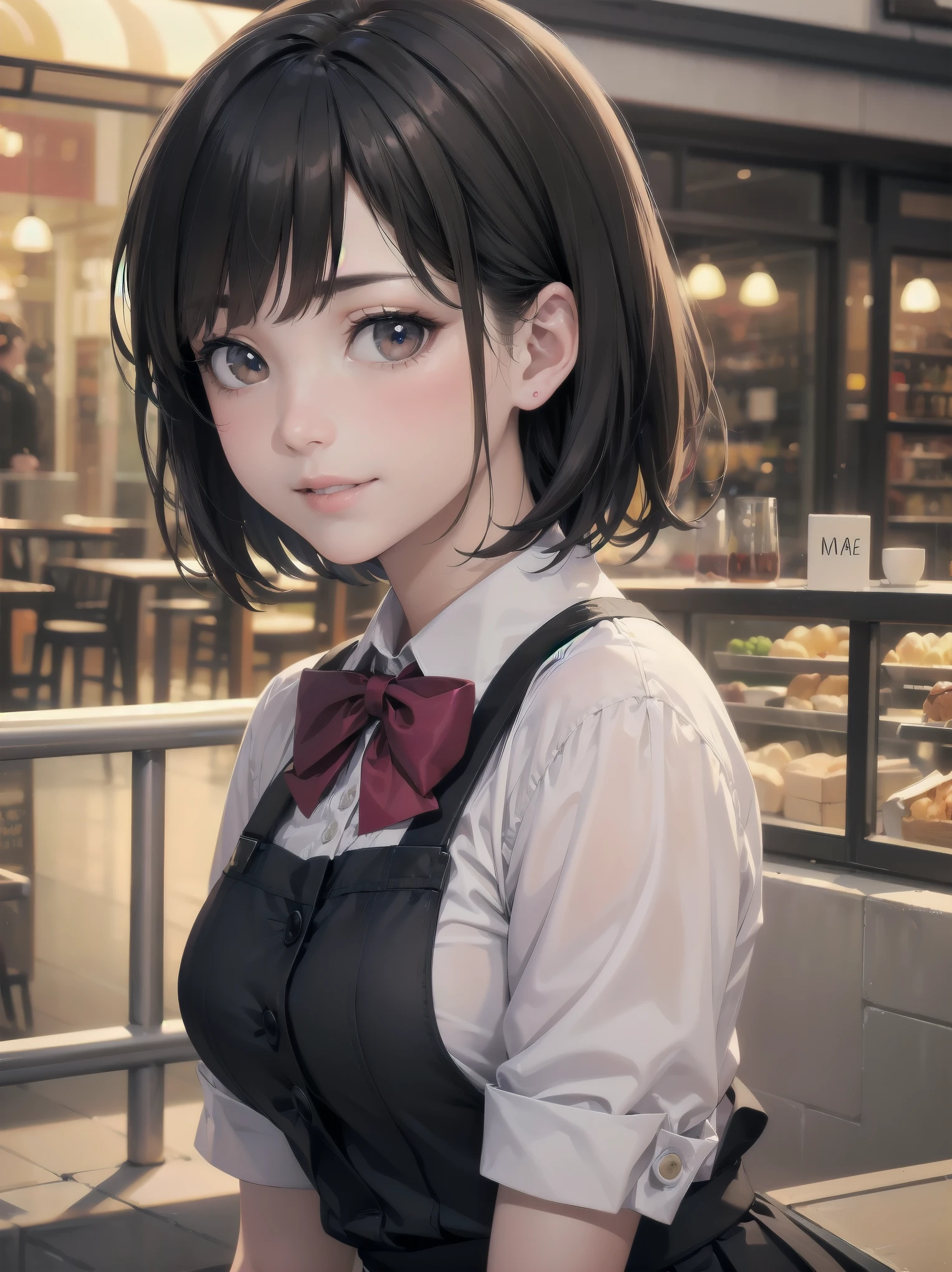 (RAW photo, 最high quality), (realistic, photo-realistic:1.2), close-up portrait photography,
1 girl, Rooftop café in a shopping mall, outdoors,
smile, (high definition skin:1.4),
puffy eyes, gorgeous hair, brown black hair, One-Length Bob Cut、drooping eyes、White opaque shirt with realistic and intricate pupil bow tie, bright red pleated skirt,
soft lighting, high quality,