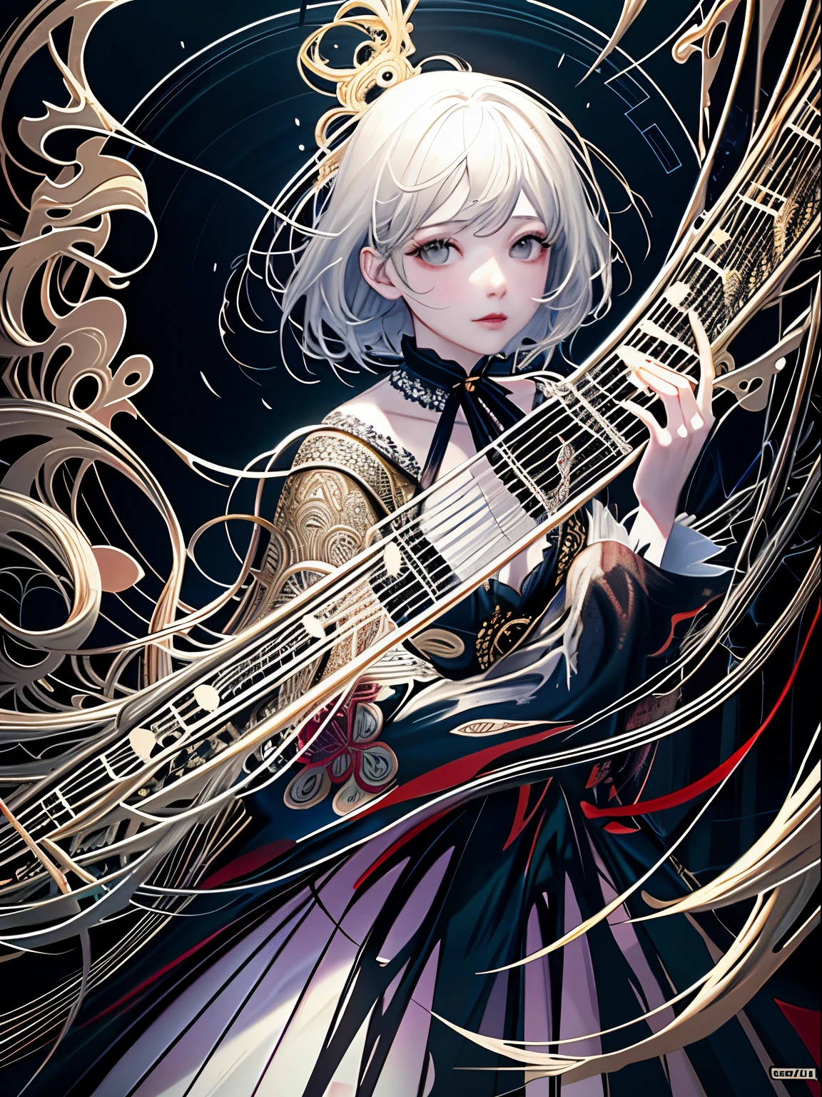 one woman:2,official art, unity 8k wallpaper, ultra detailed, beautiful and aesthetic, masterpiece, best quality, (zentangle, mandala, tangle, entangle), (fractal art:1.3) , 1girl, extremely detailed, dynamic angle, cowboyshot, the most beautiful form of chaos, elegant, a brutalist designed, vivid colours, romanticism, by james jean, roby dwi antono, ross tran, francis bacon, michal mraz, adrian ghenie, petra cortright, gerhard richter, takato yamamoto, ashley wood, atmospheric, ecstasy of musical notes, streaming musical notes visible,