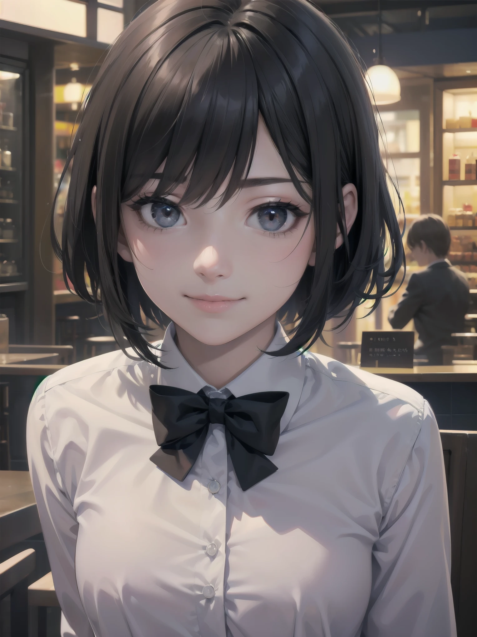 (RAW photo, 最high quality), (realistic, photo-realistic:1.2), close-up portrait photography,
1 girl, Rooftop café in a shopping mall, outdoors,
smile, (high definition skin:1.4),
puffy eyes, gorgeous hair, brown black hair, One-Length Bob Cut、drooping eyes、White opaque shirt with realistic and intricate pupil bow tie, bright red pleated skirt,
soft lighting, high quality,