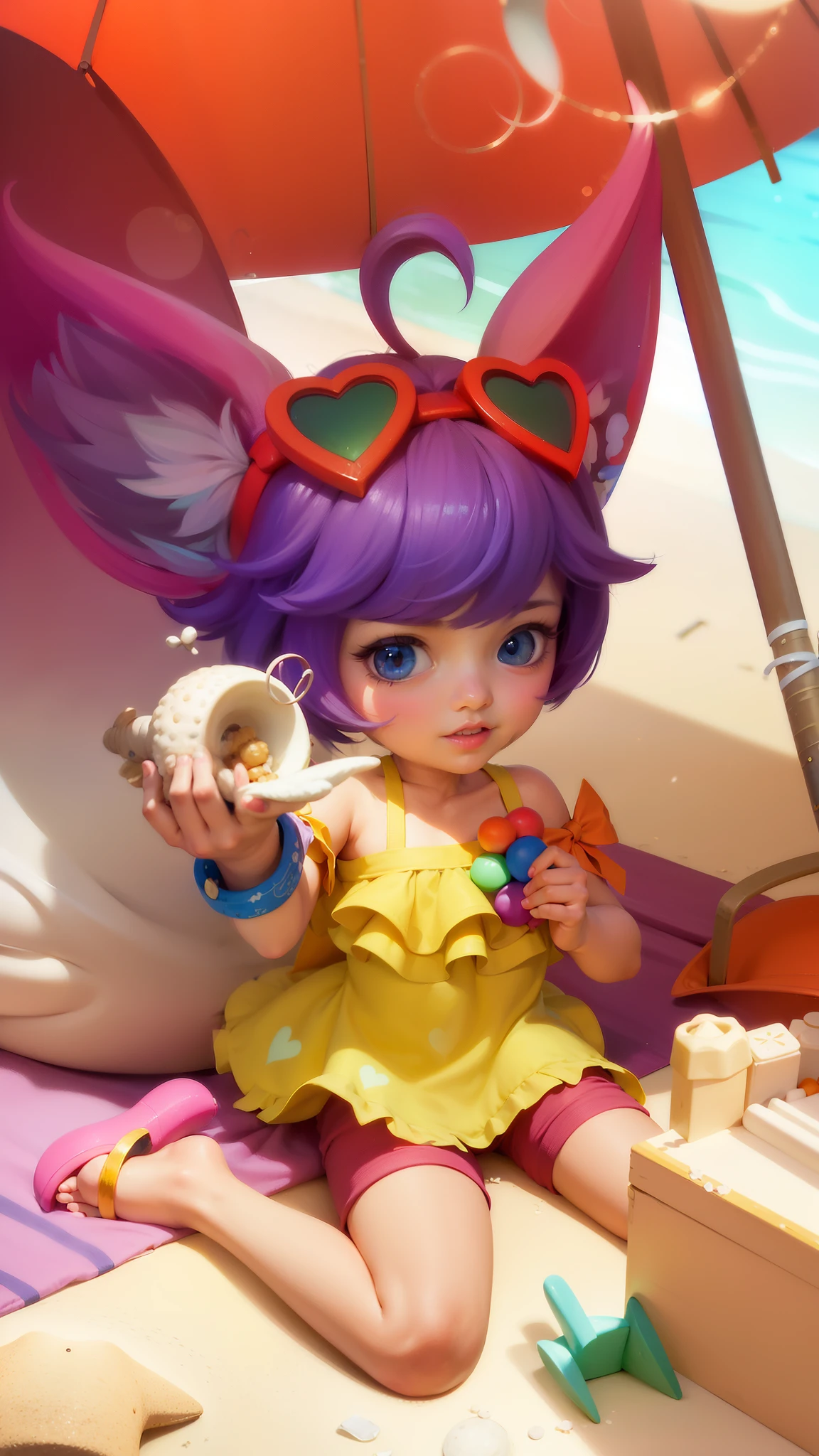 masterpiece, ((perfect eyes)) best quality, (semirealism:1.9), beautiful lighting, (extremely detailed CG unity 4k fhd wallpaper), High Detail, Sharp focus, dramatic outdoors, brown hair, light purpel eyes, purple haired girl in yellow dress sitting on beach with toy, artwork in the style of guweiz, guweiz, adorable digital painting, ilya kuvshinov. 4 k, , ilya kuvshinov and artgerm, anime styled 3d, wlop painting style, kawaii realistic portrait, extremely detailed artgerm, guweiz masterpiece, smile.