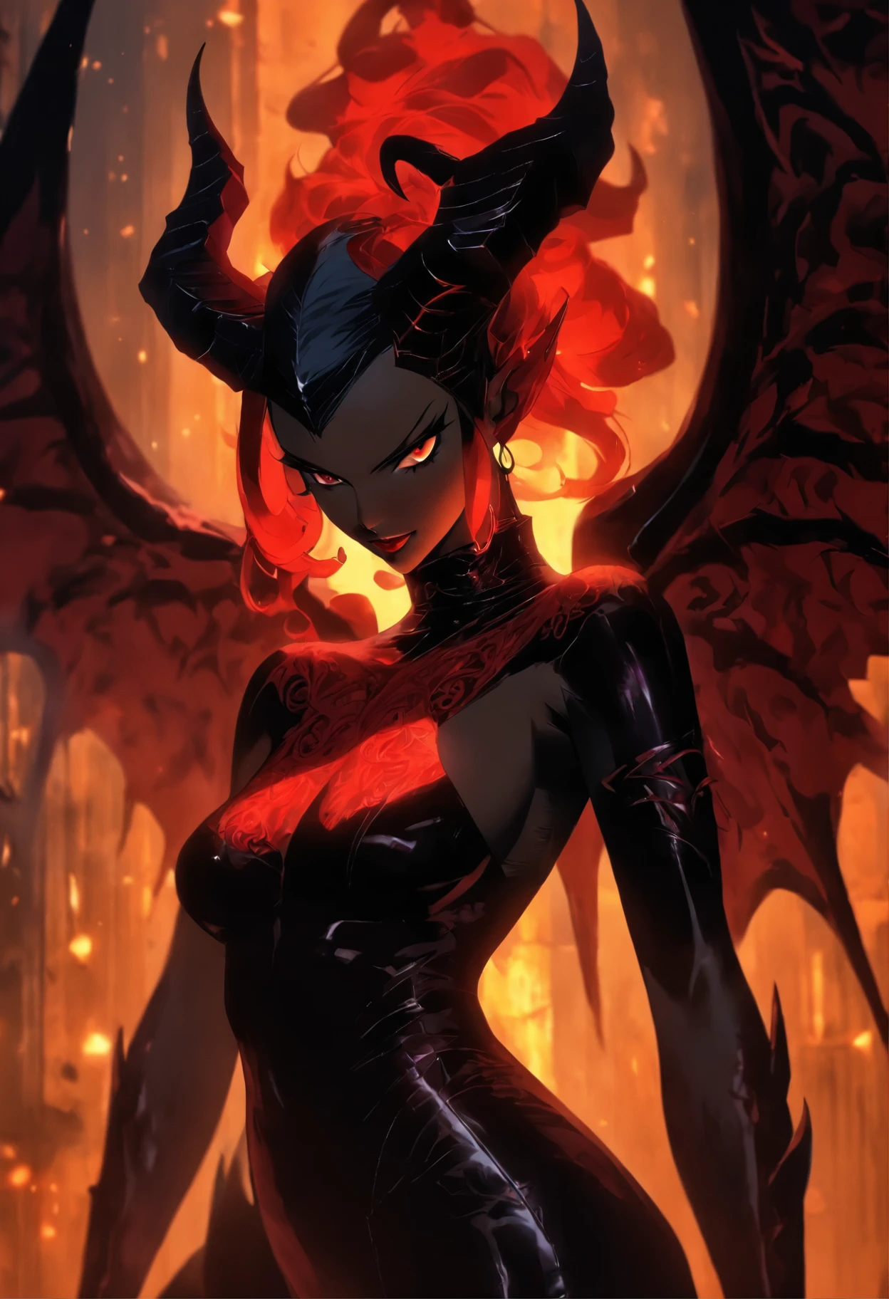 (best quality,4k,8k,highres,masterpiece:1.2),ultra-detailed,(realistic,photorealistic,photo-realistic:1.37),hot thicc succubus mama with long black hair, intense black lips, wearing a revealing black leather outfit adorned with BDSM elements. Her attire consists of a seductive bustier, accentuating her voluptuous figure. Her skin is a captivating shade of fiery red, exuding a demonic allure. Elegantly sprouting from her back are a pair of majestic demon wings, exquisitely detailed with intricate patterns. Atop her head, she possesses mesmerizing tiefling horns, exemplifying her otherworldly presence. The artwork should capture her enticing aura, showcasing her confidence and power. The light in the scene should emphasize the seductive curves of her body, casting dramatic shadows and highlights. The color palette should evoke a sense of darkness and desire, with rich contrasting tones of black, red, and deep maroons.