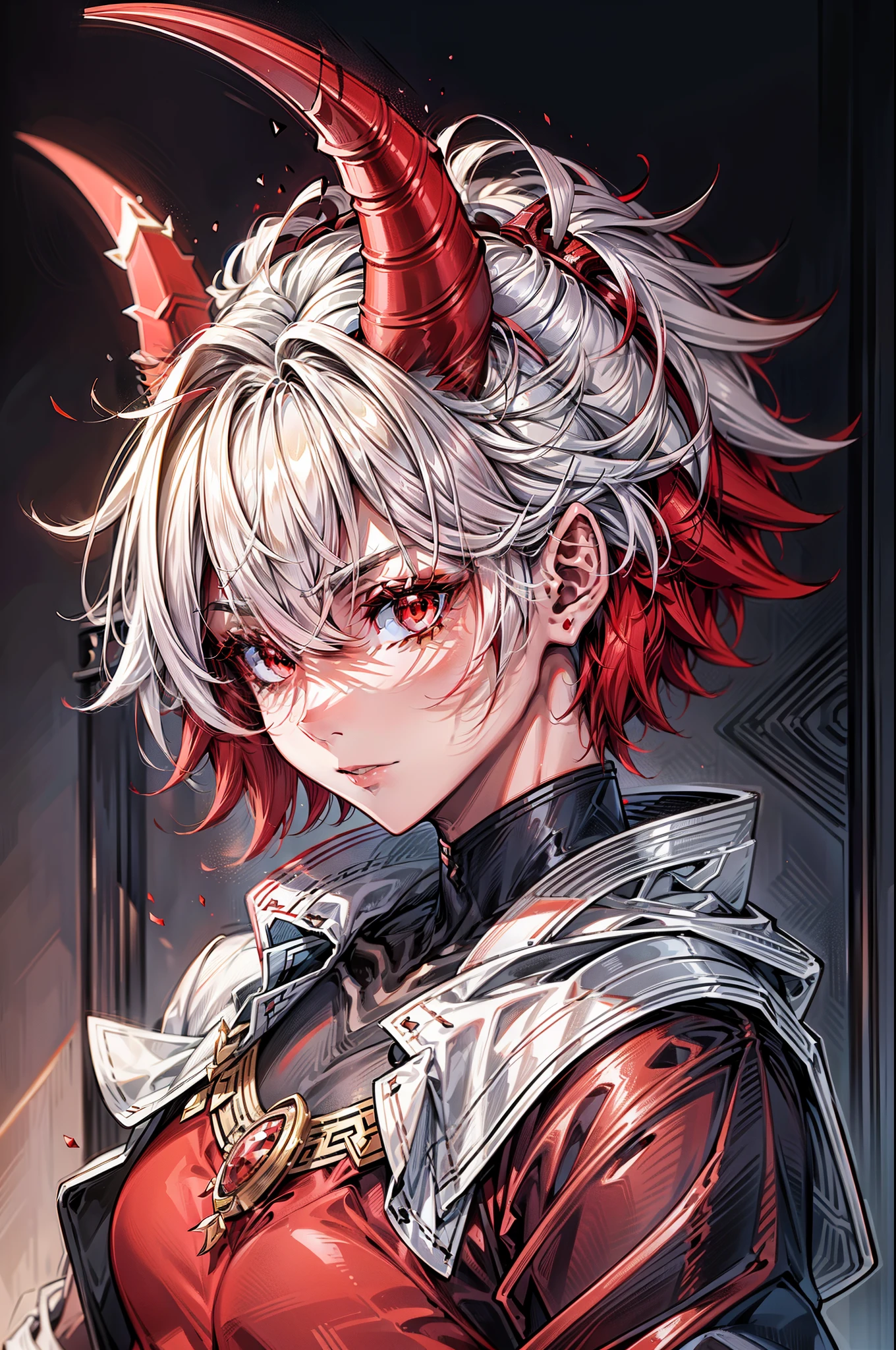 A man，short detailed hair，ember，white backgrounid，Gray toneasterpiece, best quality, ultra high res, beautiful, visually stunning, elegant, incredible details, award-winning art, 0n1, red skin, oni horns, oni, red oni, colored skin,