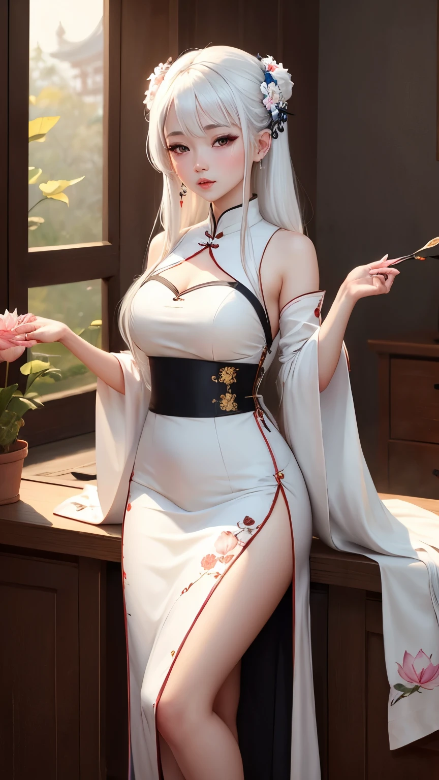 ((best qualtiy)), ((tmasterpiece)), (the detail:1.4), 3D, A beautiful female image,white color hair，dual horsetail，red color eyes，largeeyes，cute  face，huge tit，Red cheongsam，tightsuit，Hollow-out on，High slit，Lace-up panties，groin，black lence stockings，bare-legged，sit astride，HDR（HighDynamicRange）,Ray traching,NVIDIA RTX,Super-Resolution,Unreal 5,Subsurface scattering、PBR Texture、post-proces、Anisotropy Filtering、depth of fields、maximum definition and sharpness、Many-Layer Textures、Albedo e mapas Speculares、Surface Coloring、Accurate simulation of light-material interactions、perfectly proportions、Octane Render、Two-colored light、largeaperture、Low ISO、White balance、the rule of thirds、8K RAW、