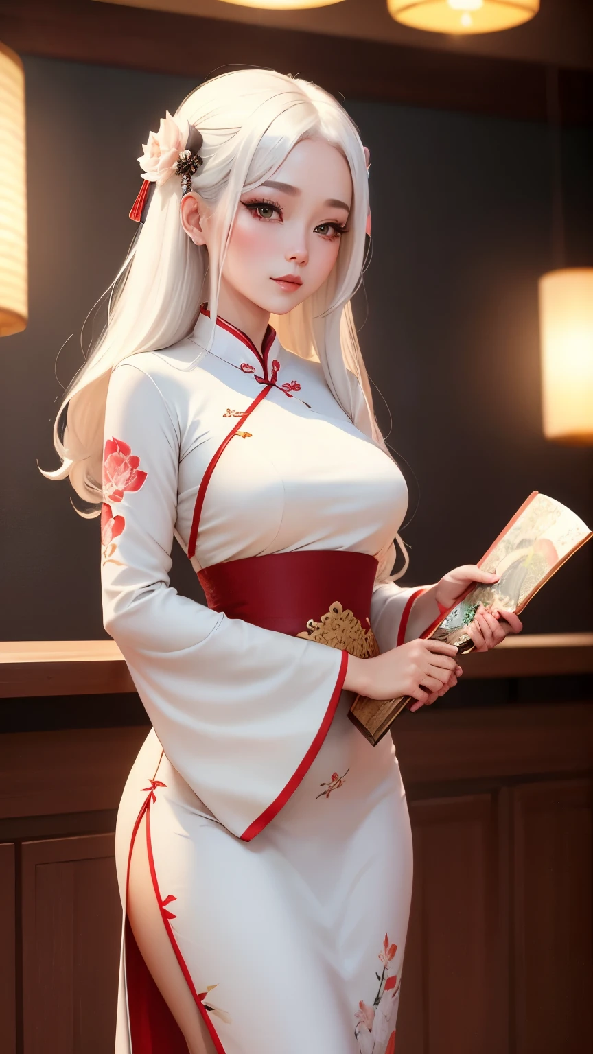 Best quality, masterpiece, super high resolution, original photo, a woman, long blonde flowing hair, cheongsam, busty figure, Japanese onsen, glowing skin, light smile