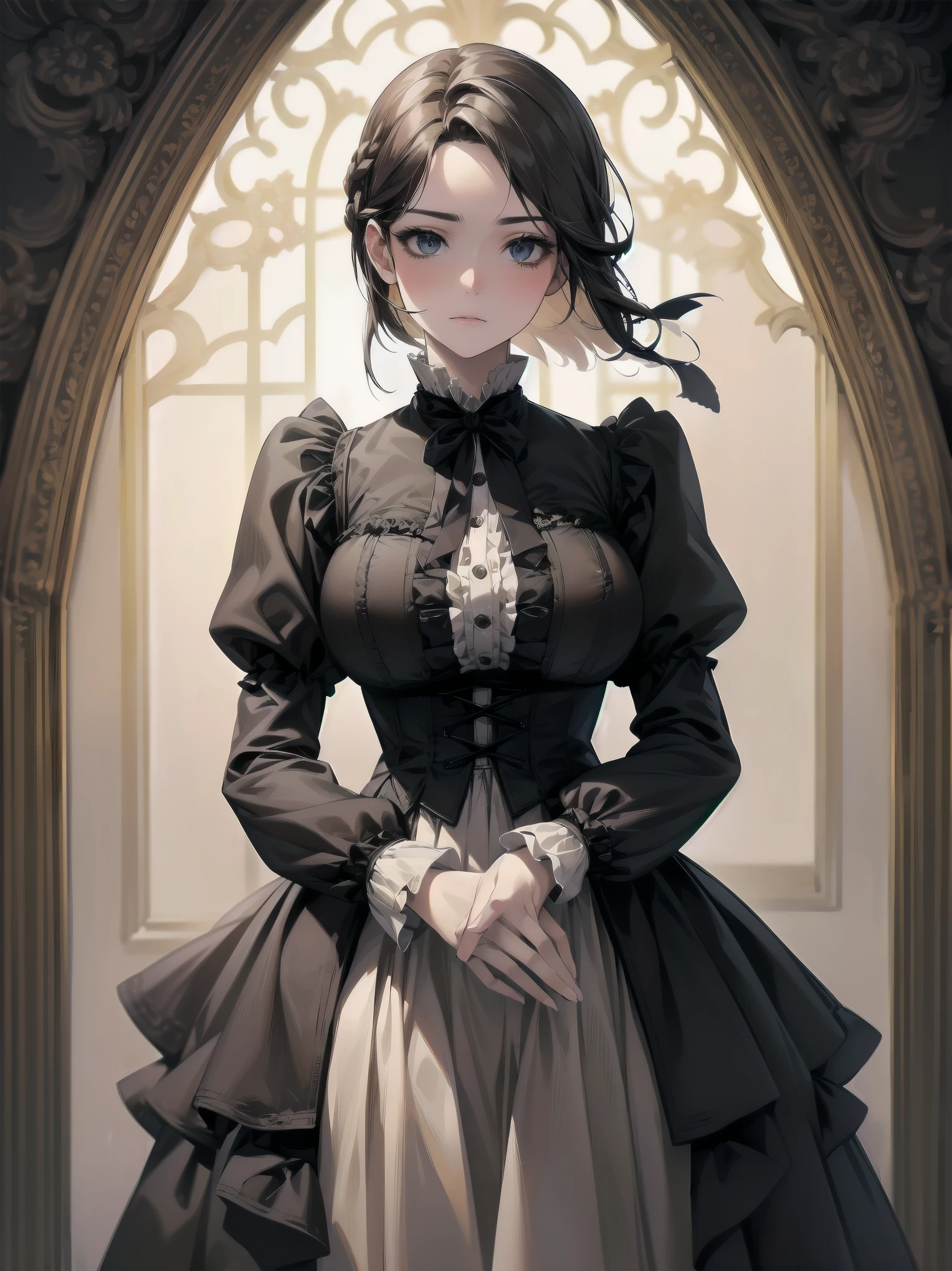 (highest quality、16K、masterpiece、ultra high resolution、Victorian era、Photoreal:1.2)、cowboy shot、One length bob cut braided hair clip with front drop、brand uniform cute、clear、 Tsundere、heroine attributes