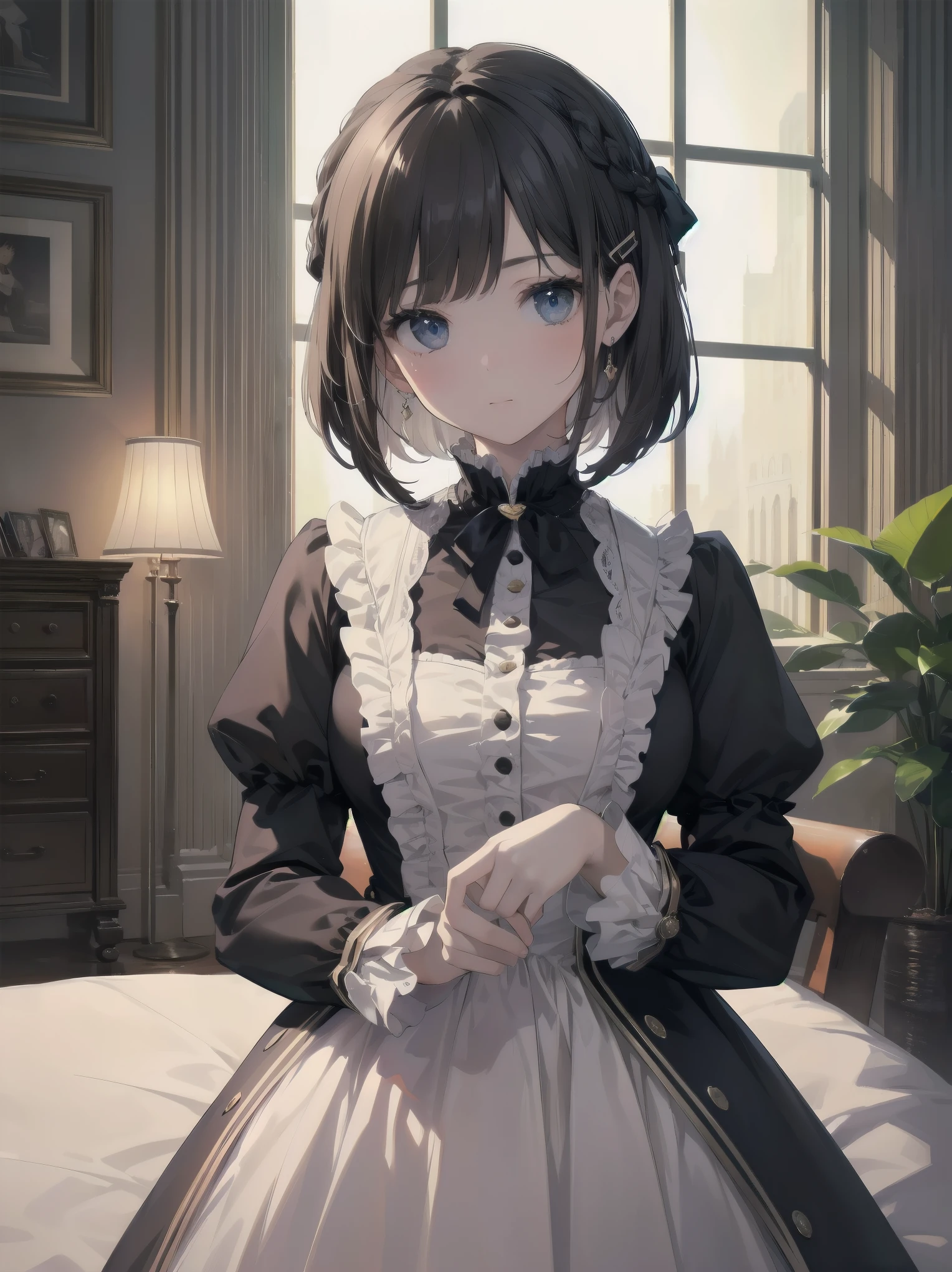 turn around,child,(masterpiece,Top quality),White Lolita Clothes,black hair,Summer Classroom,Lakeside
