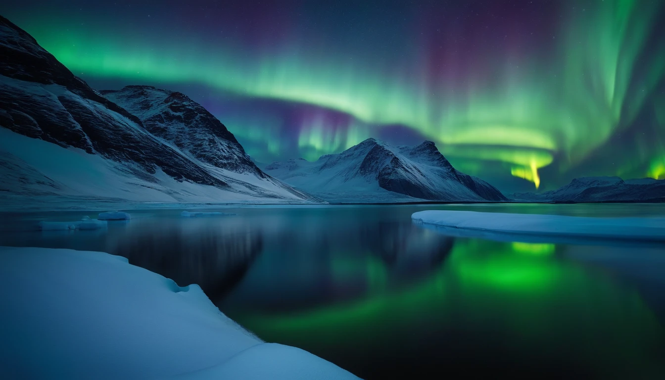 Breathtaking views of the Northern Lights shining above the snow-covered Antarctic landscape