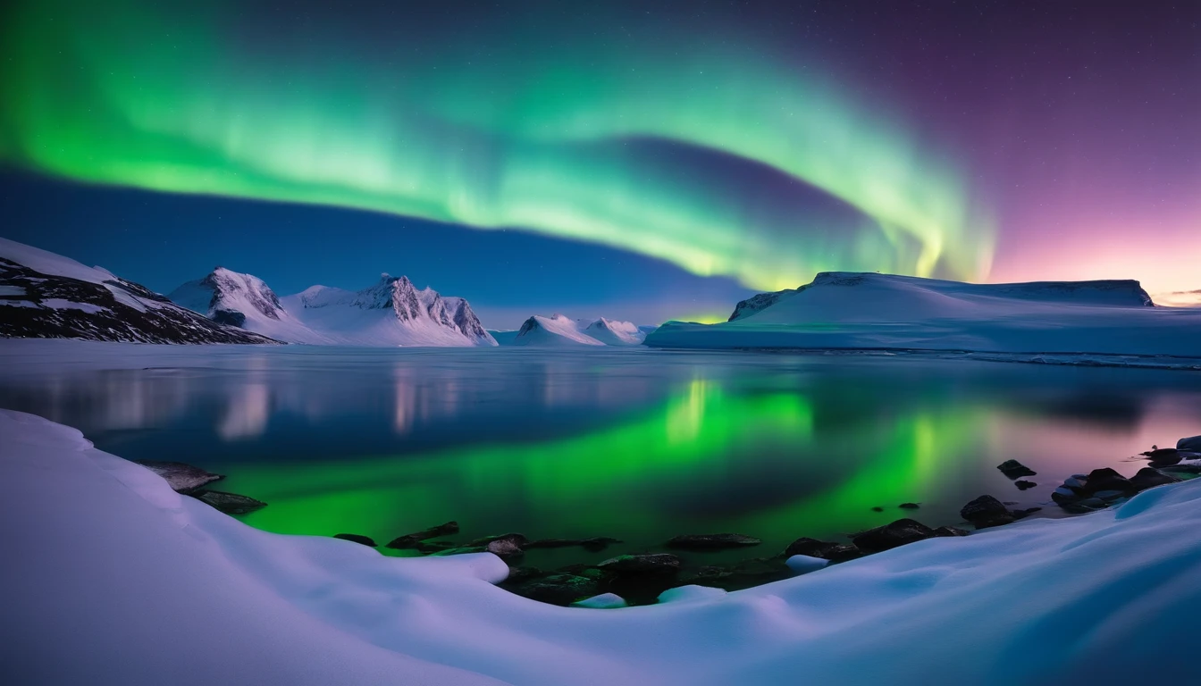 Breathtaking views of the Northern Lights shining above the snow-covered Antarctic landscape