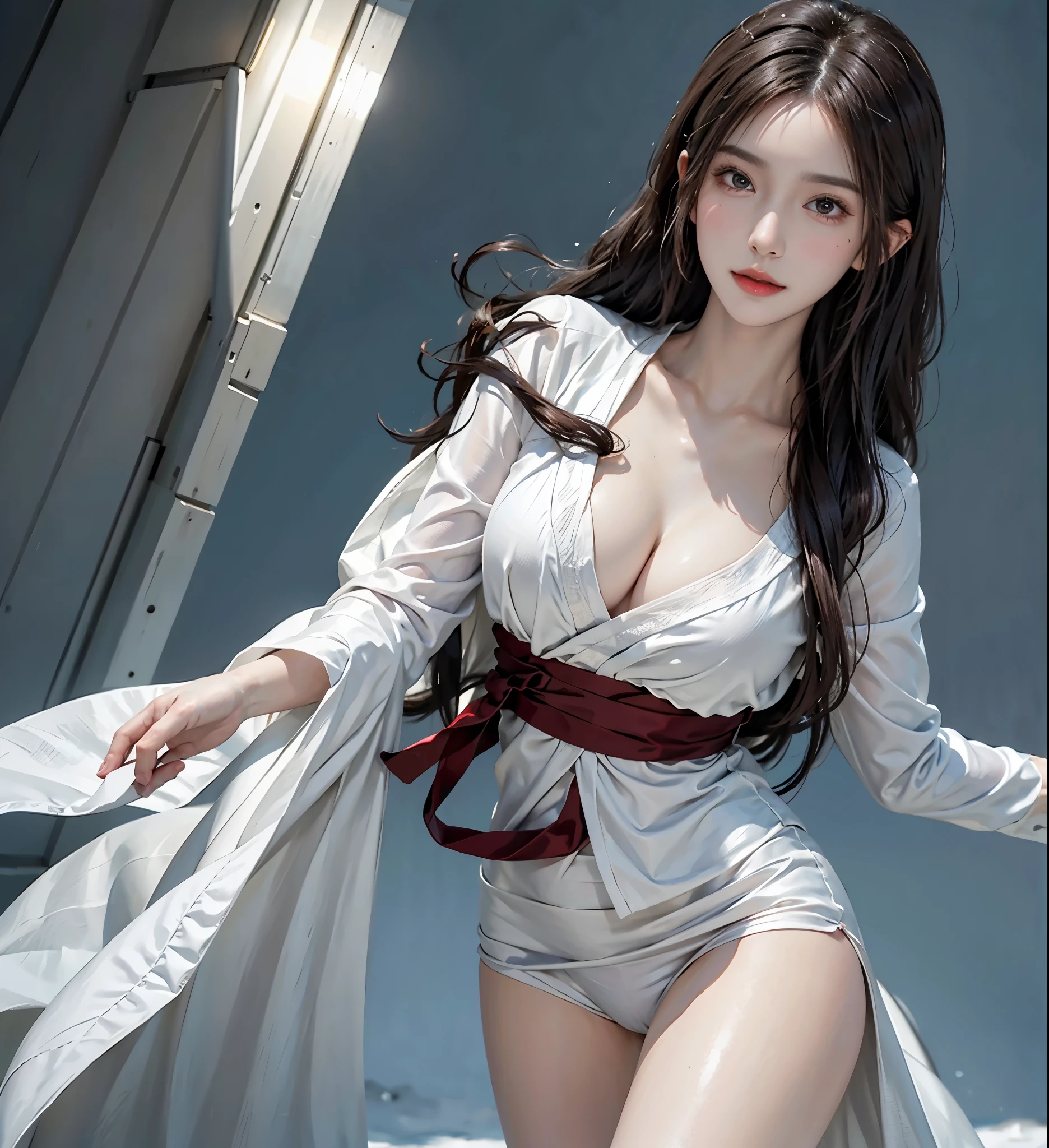 lifelike, high resolution, soft light,1 lady, alone, Buttocks up, shiny skin, (Detailed face),tattoo, jewelry, winter hanfu, Cloak, snow, night, curls, beautiful soldier, Attract the audience&#39;s attention, Lover&#39;s perspective, invitation emoticon, sexy smile, perfect style, perfect balance, Delicate skin, mischievous glance, breasts visible