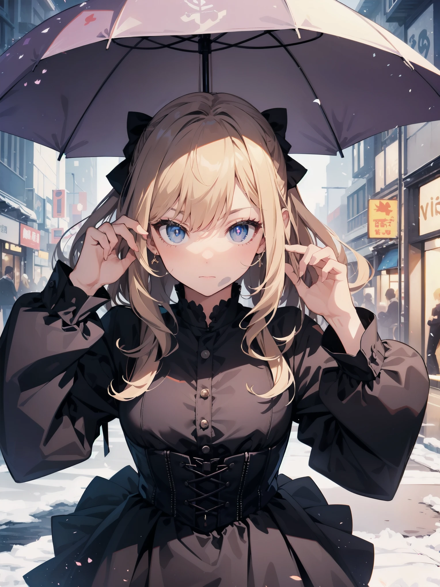 With background: snowy night cityscape。Detailed drawings of buildings and cityscapes using precise three-dimensional thinking。
shape: 20 year old girl。The hairstyle is bob、hair color is blonde、Hair is wavy。
expression and eyes: serious expression、eyes are blue、realistic and complex eyes。
clothing: black and purple gothic clothes。long sleeves and skirt、Corset available。
Pause:holding an umbrella in his left hand。
effect:Focus on the face from above。
style: Ghibli style special elements:I never have
