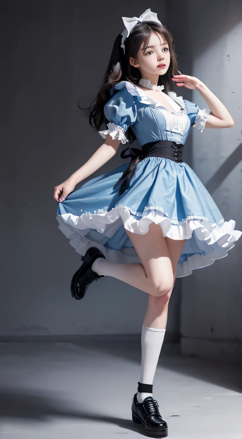 highest quality, masterpiece, 超A high resolution, (Photoreal:1.4), RAW photo, 24 year old Lolita style woman posing with skirt lifted and one leg raised, alice in wonderland, Alice Blue Dress, White socks and black shoes, white background