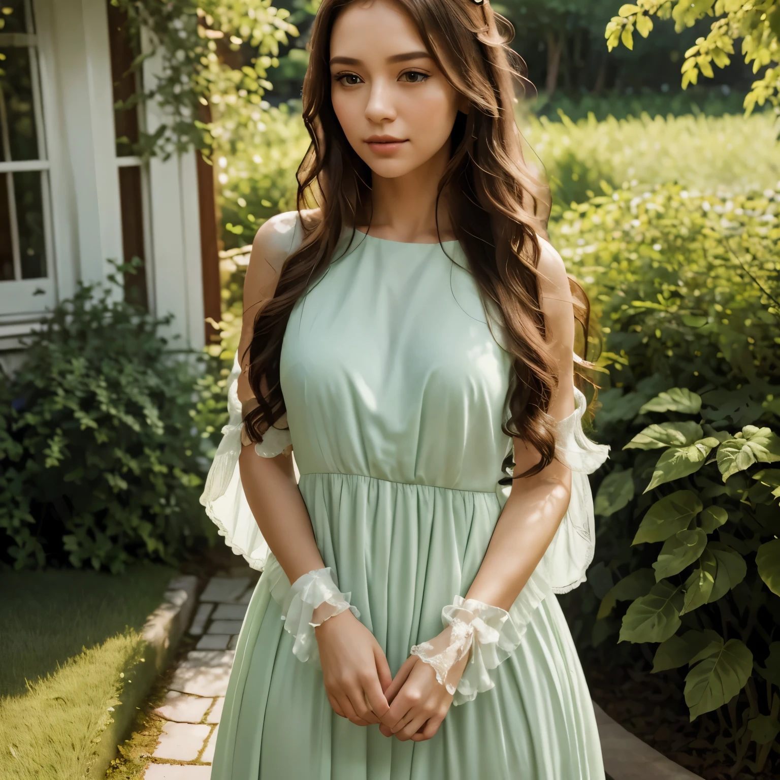 A girl, alone, in a masterpiece painting:1.2, surrounded by vibrant colors and exquisite details, with a serene expression on her face. The girl is standing in the middle of a lush garden, filled with blooming flowers of various colors and types. The sunlight gently illuminates her face, casting a soft glow on her porcelain skin. Her beautiful detailed eyes, with long eyelashes, sparkle with a sense of wonder and curiosity. Her lips, also beautifully detailed, are curved into a gentle smile. She is wearing a flowing dress, made of delicate fabric, that matches the vibrant colors of the garden. The dress has intricate patterns and is adorned with small, sparkling crystals. The girl's pose exudes grace and elegance, as if she's frozen in a moment of pure serenity. The garden behind her is a blend of different shades of green, with tall, majestic trees providing shade and a sense of tranquility. In the distance, a crystal-clear stream meanders through the garden, adding a peaceful soundtrack to the scene. The artwork has an ultra-detailed style, with every brushstroke meticulously captured, creating a highly realistic and photorealistic effect. The colors are vivid and vibrant, with a touch of bokeh effect enhancing the dreamlike atmosphere. The lighting in the painting is soft and diffused, casting subtle shadows and adding depth to the scene. This masterpiece painting captures the essence of a quiet moment, inviting the viewers to immerse themselves in its beauty and find their own meaning within.