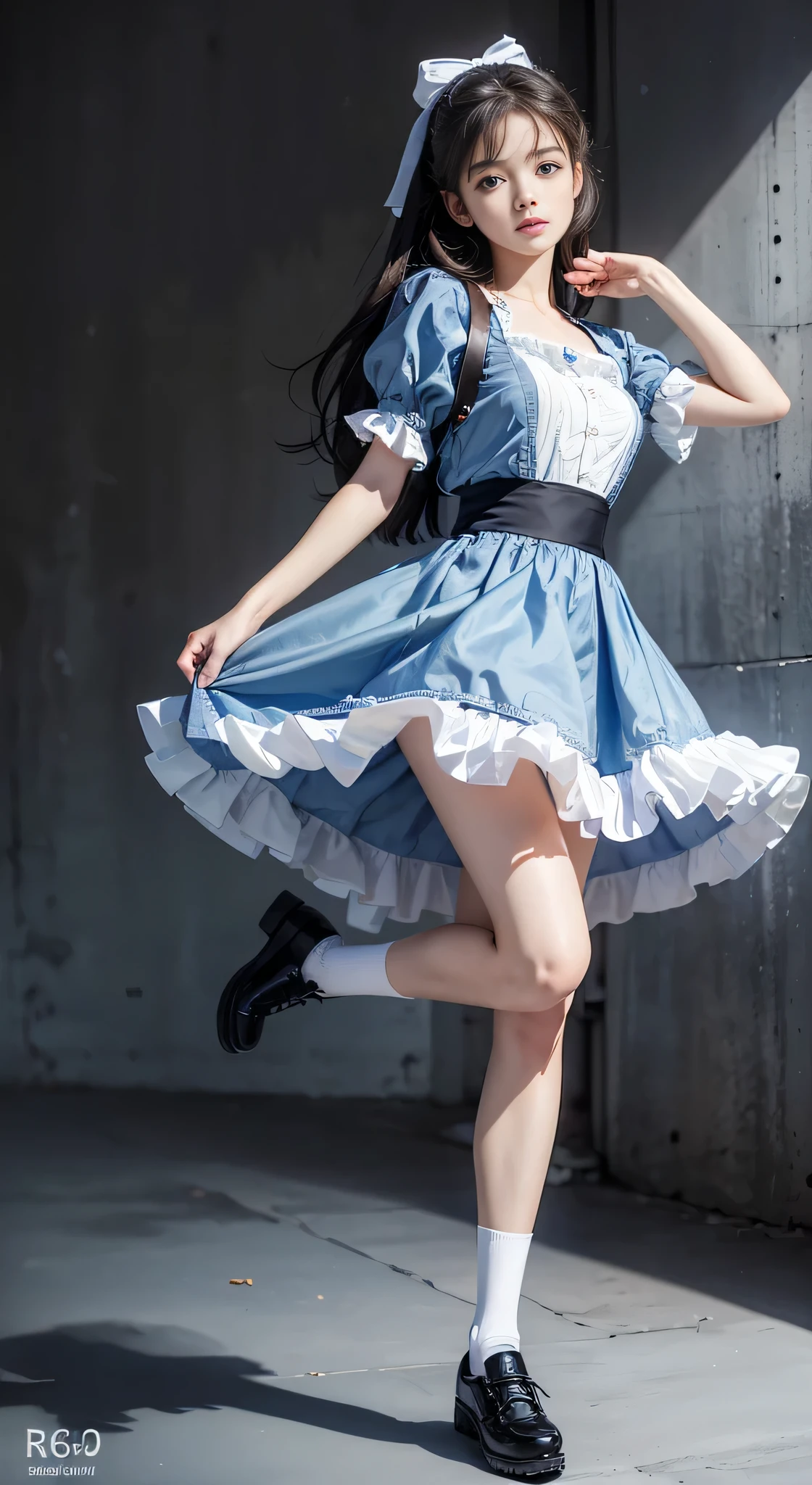 {highest quality}, {masterpiece, 超A high resolution}, (Photoreal:1.4), {{RAW photo}}, {{{A 16-year-old Lolita-like woman poses with her skirt pulled up and one leg raised.}}, , Alice Blue Dress, White socks and black shoes, white background