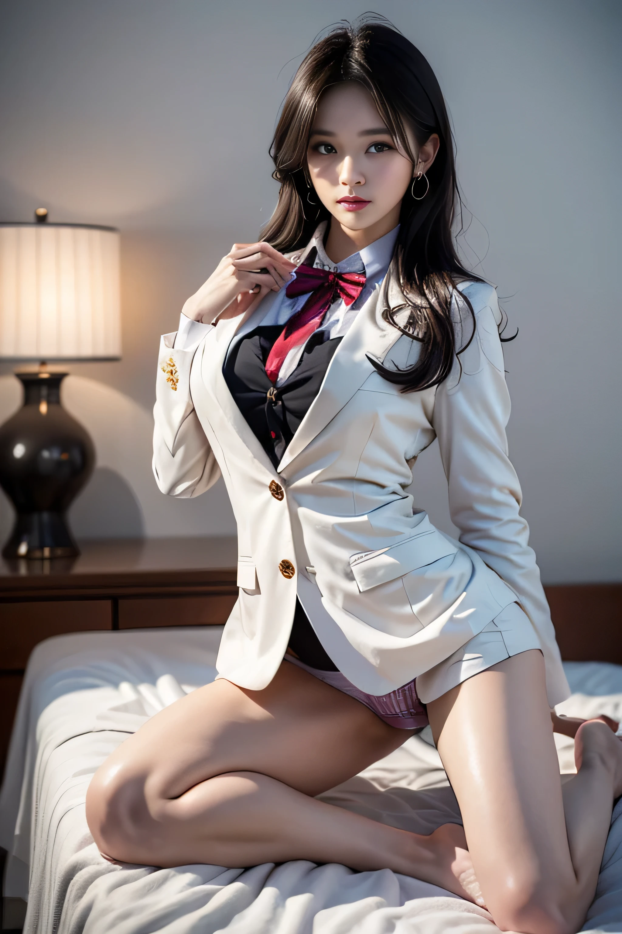 ((Girl kneeling on bed)),(超realistic)、(enlightenment)、(High resolution)、(8k)、(非常にbe familiar with)、(Best Illustration)、(detailed and beautiful eyes)、(highest quality)、(超be familiar withな)、(masterpiece)、(wall-)、(detailed face)、alone、1 girl in、looking at the viewer、be familiar with、detailed face、in the dark night、deep shadow、discreet key、Pure erotic face ace_、length、black shawl straight hair、46 point diagonal bangs,Female student、(white blazer、chest emblem)、translucent white blouse、red bow tie、( in bright colors,plaid)、,8k, highest quality, 超High resolution, table top, realistic, realistic, high contrast, photon mapping, real image, 超be familiar with, Low - Angle: 1.5, 1 girl, alone: 1.5, whole body, Pop star, K-POPアイドル, Dress up like KPOP, sexy, barefoot, high heels, M-shaped spread legs: white panties: 1.5, Long legs with panties visible under the skirt: 1.2, rough skin,