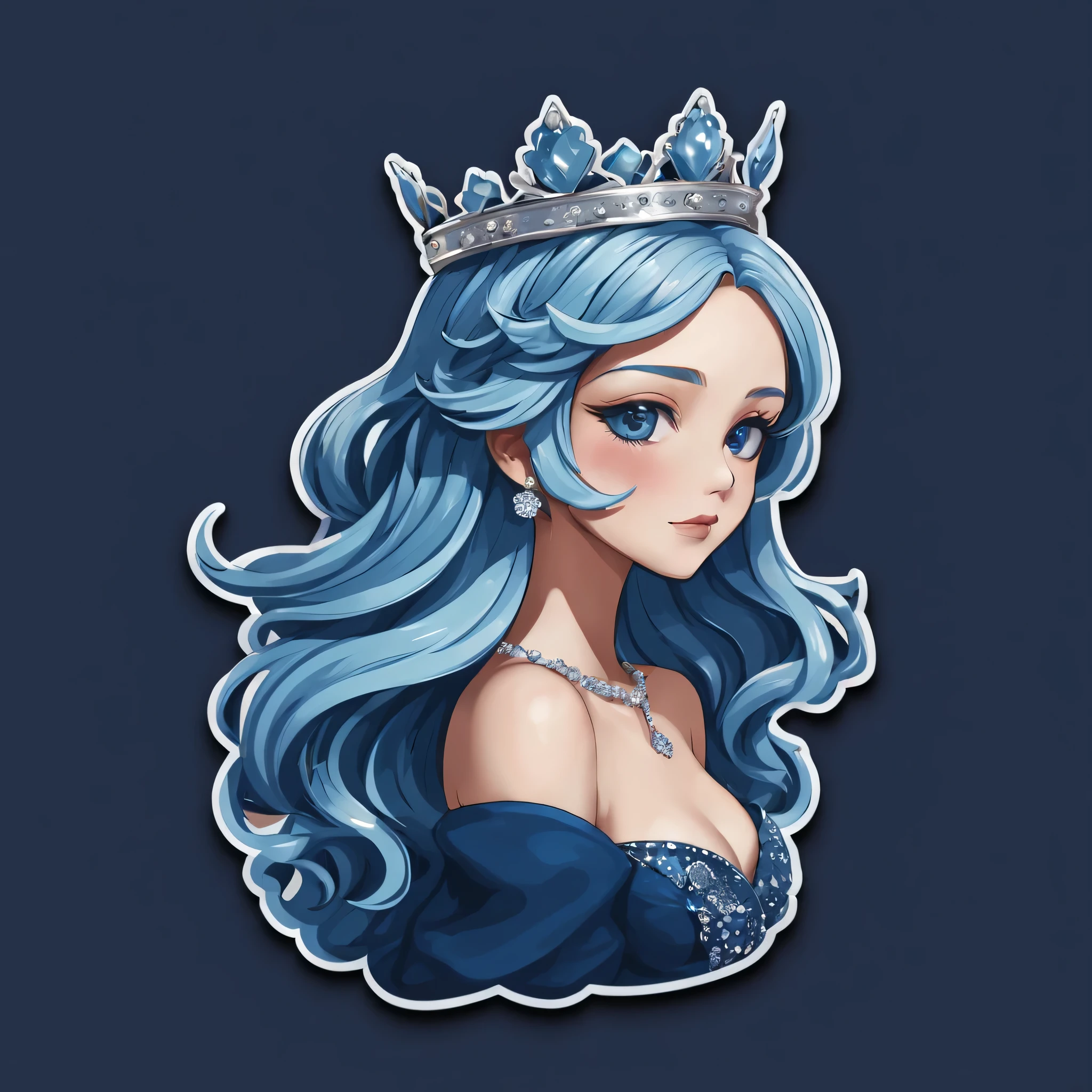 (a sticker,),(3d anime girl),skirt, grace,beautiful face,light blue wavy hair,wearing a diamond crown,(in circlerow dark blue background), ( boundary)(oil painting style), Super detailed, best quality, Detailed illustration, vectorized, 8k, Professional sticker design, Graphic design, vector line, a sticker, Full HD