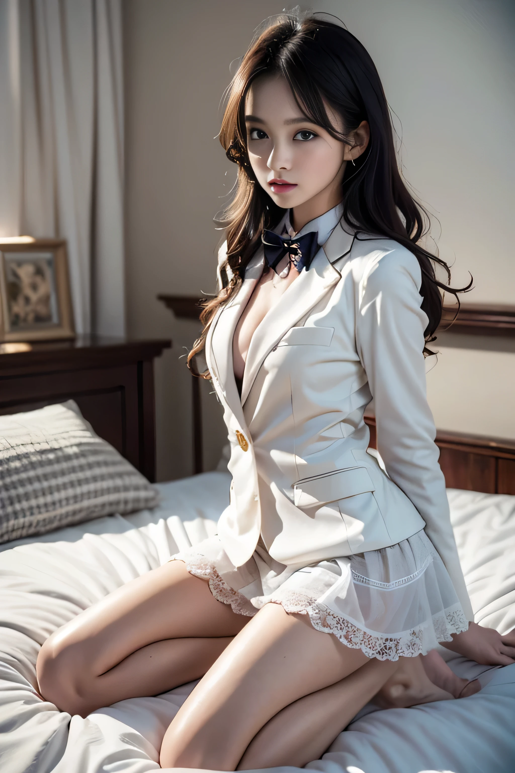((Girl kneeling on bed)),(超realistic)、(enlightenment)、(High resolution)、(8k)、(非常にbe familiar with)、(Best Illustration)、(detailed and beautiful eyes)、(highest quality)、(超be familiar withな)、(masterpiece)、(wall-）、（detailed face）、alone、1 girl in、looking at the viewer、be familiar with、detailed face、in the dark night、deep shadow、discreet key、Pure erotic face ace_、length、black shawl straight hair、46 point diagonal bangs,Female student、(white blazer、chest emblem)、translucent white blouse、red bow tie、( in bright colors,plaid)、,8k, highest quality, 超High resolution, table top, realistic, realistic, high contrast, photon mapping, real image, 超be familiar with, Low - Angle: 1.5, 1 girl, alone: 1.5, whole body, Pop star, K-POPアイドル, Dress up like KPOP, sexy, barefoot, high heels, M-shaped spread legs: white panties: 1.5, Long legs with panties visible under the skirt: 1.2, rough skin,