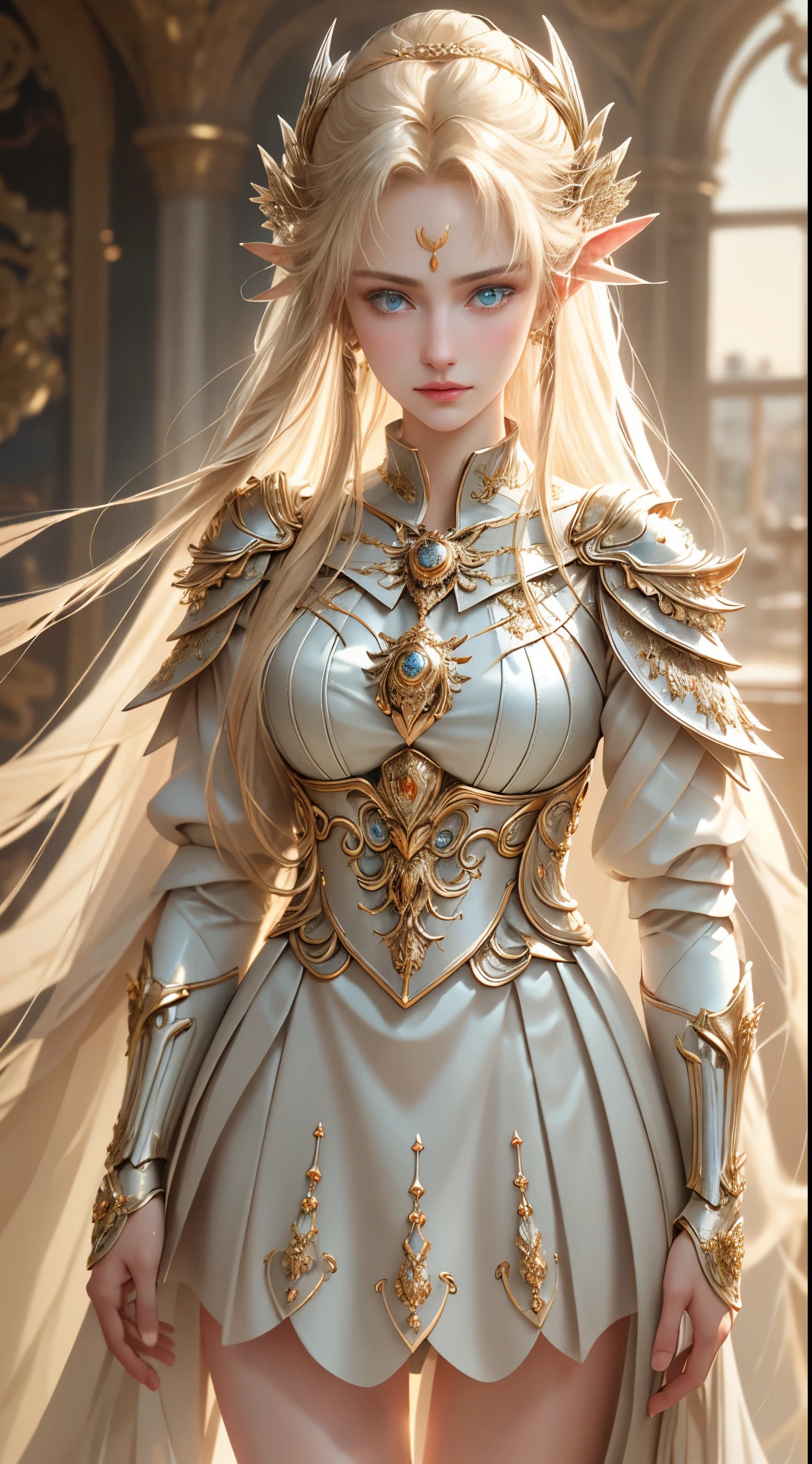 8K  UHD，RAW photo，Elven maiden in silver armor，Skirt armor，Handsome girl，long whitr hair，blonde with blue eyes，The face is delicate，Delicate skin，Full breasts，Crystal clear lips，Slender legs，(Real Human:1.3)，(A high resolution:1.4)，(A detailed:1.5)，(photorealestic:1.7)，RAW photo，Portrait Photogram，Real Human，RAW photo，超A high resolution，Foto realism，best qualtiy，(highdetailskin，skin detailed)，Visible Pore，Shiny skin，tmasterpiece，，finedetail，Colorization，Extremely Delicately Beautiful，Extremely detailed 8k wallpaper，8K high quality，Digital SLR，Girl with beautiful details，(looking at viewert)，professional photograph lighting，Faraway view，Full body photo，in a panoramic view