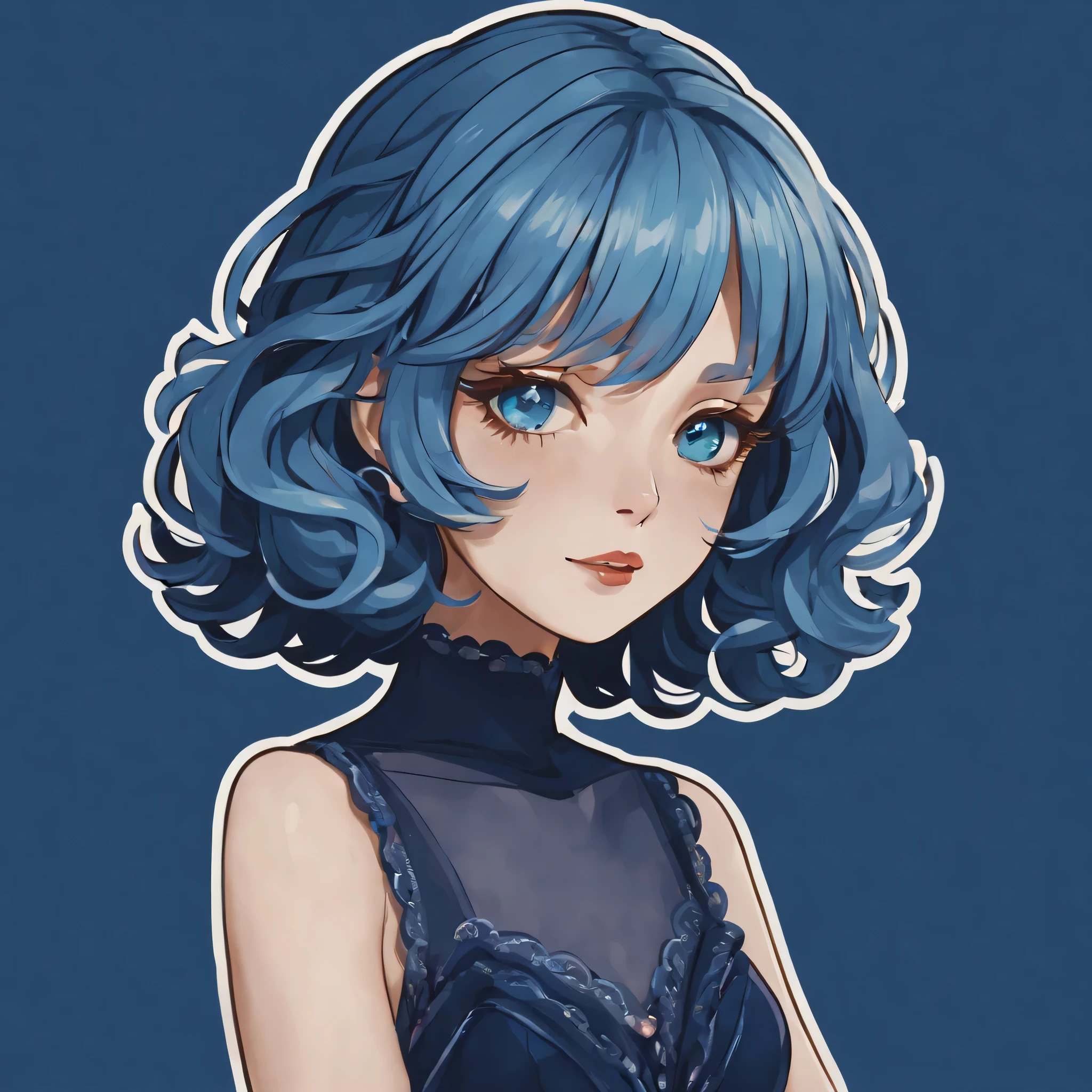 (a sticker,),(3d anime girl),skirt, grace,beautiful face,light blue wavy hair，(in circlerow dark blue background), ( boundary)（oil painting style）， Super detailed, best quality, Detailed illustration, vectorized, 8k, Professional sticker design, Graphic design, vector line, a sticker, Full HD