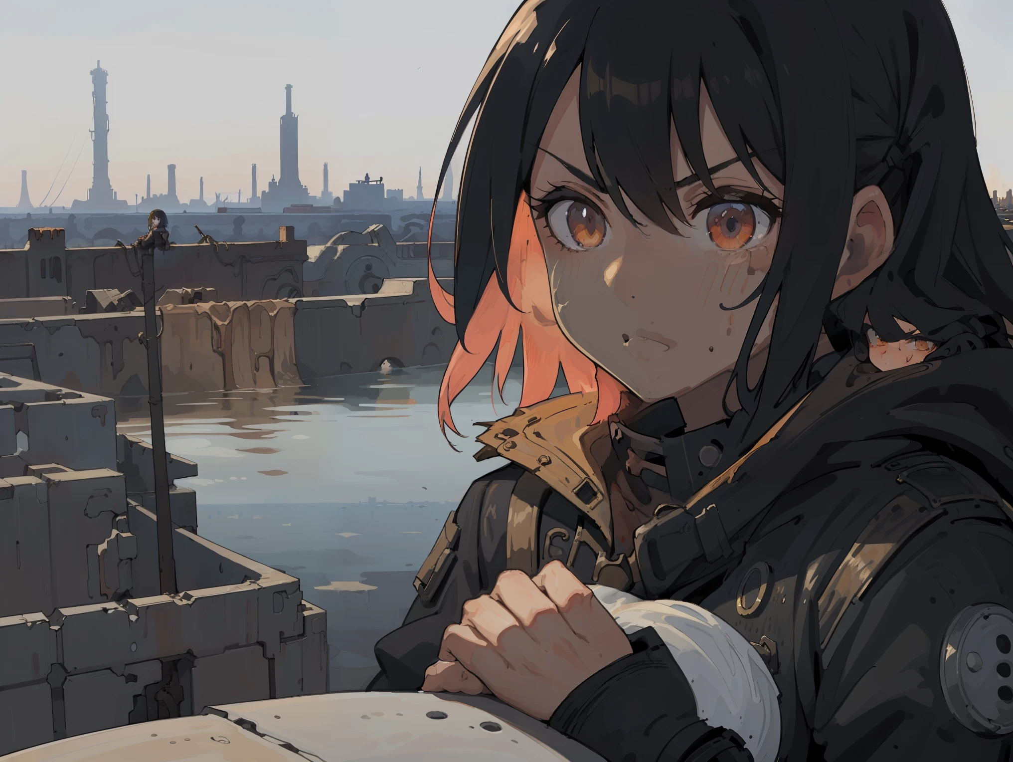 masterpiece, best quality, 1 girl, (close up), engineer, mechanic, (coat, goggles), ( Serious, dirty face, Dirty clothes, on the roof, city View, flooded with water, industrial ruins, Warm, desolate, dark, watercolor, sketch