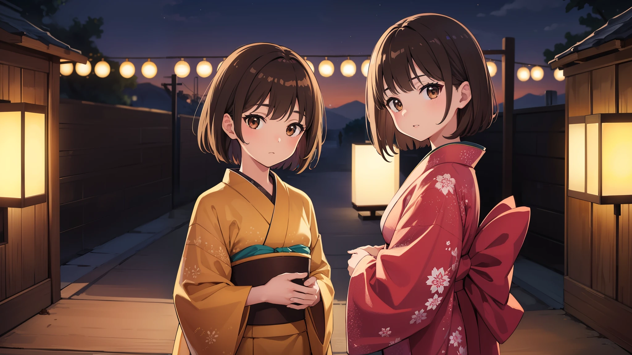 2 girls, best quality, ultra high resolution, short hair, brown hair, brown eyes, colorful kimono, looking at viewer, night, detailed scene, UHD, masterpiece, high detail, high quality, award-winning, 8k